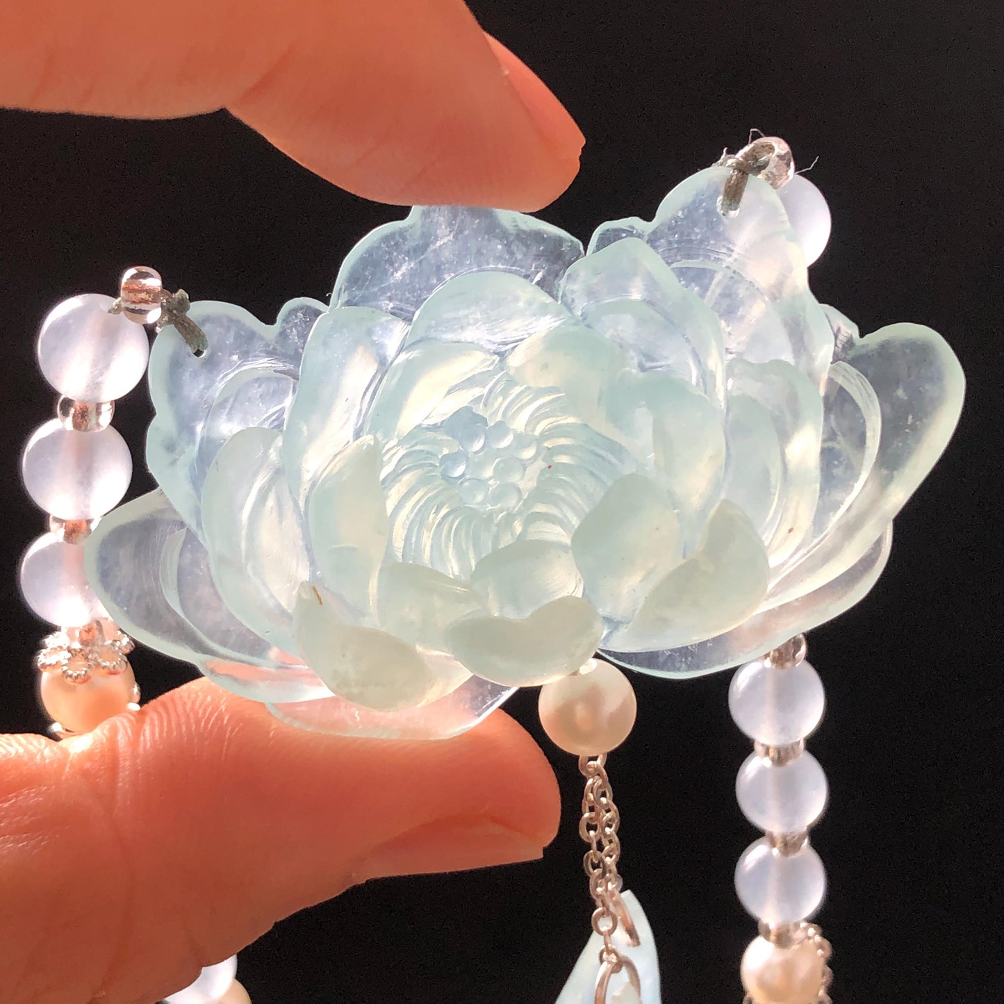Certificate Natural Xiu Jade (Serpentine) Hand Carved Peony Flower Pendant | Adjustable Necklace Choker | Icy Blue | Asian Vintage Style