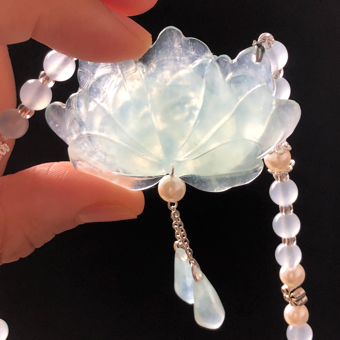 Certificate Natural Xiu Jade (Serpentine) Hand Carved Peony Flower Pendant | Adjustable Necklace Choker | Icy Blue | Asian Vintage Style