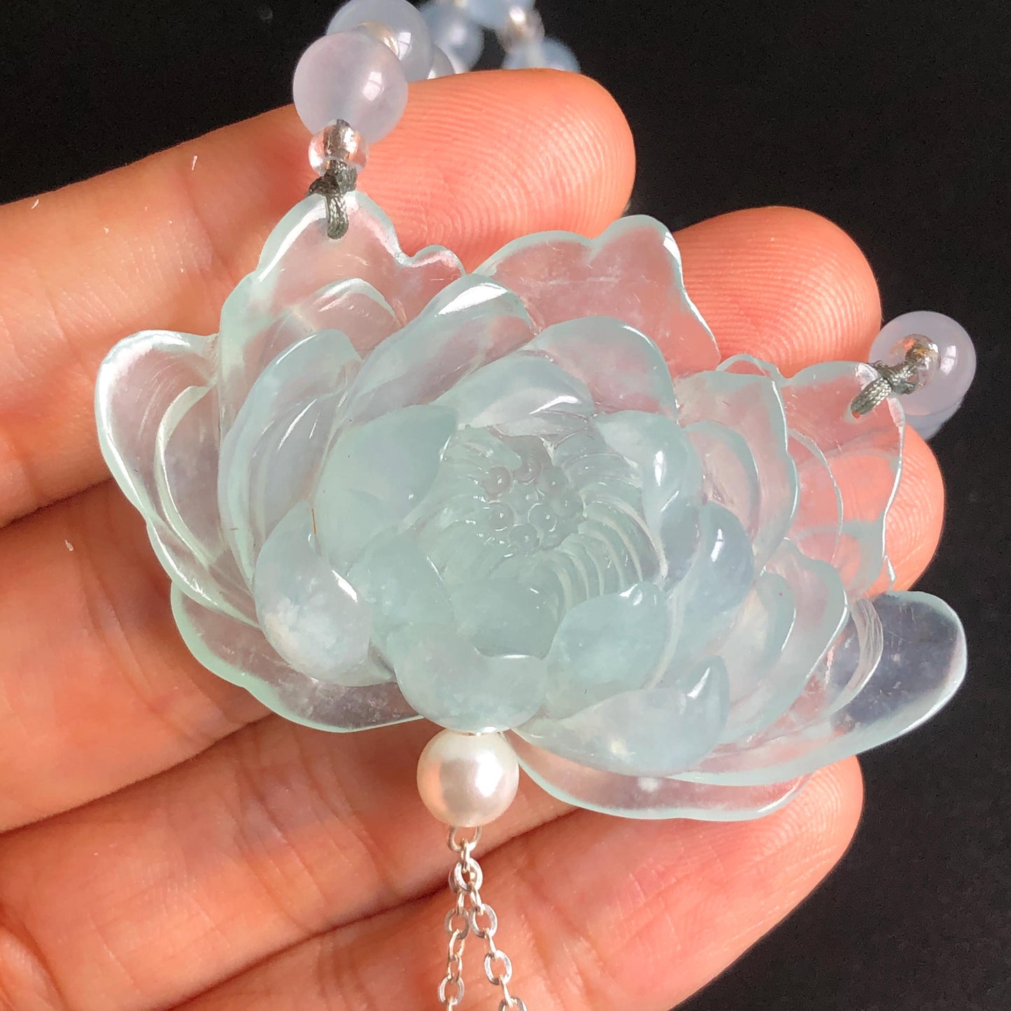 Certificate Natural Xiu Jade (Serpentine) Hand Carved Peony Flower Pendant | Adjustable Necklace Choker | Icy Blue | Asian Vintage Style