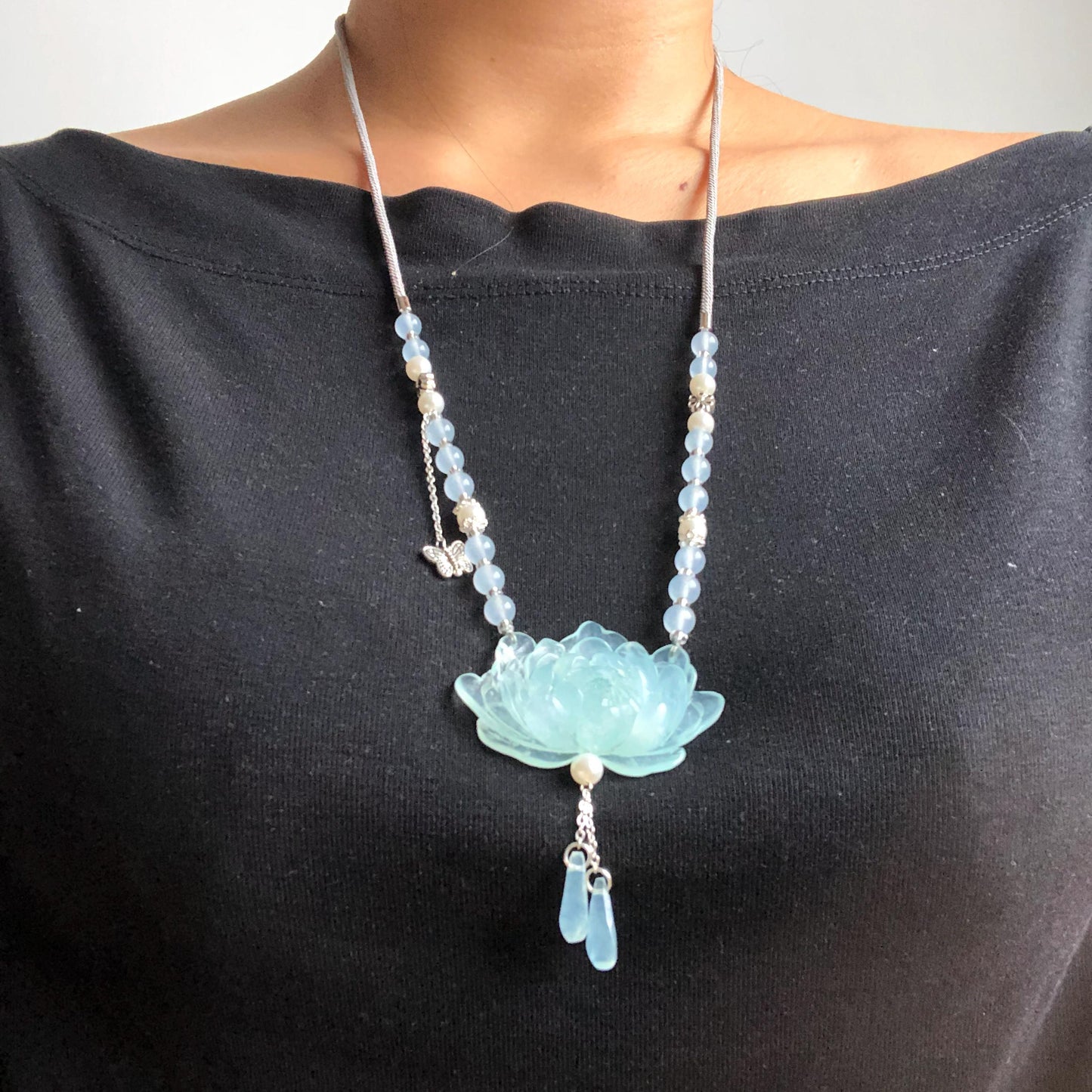 Certificate Natural Xiu Jade (Serpentine) Hand Carved Peony Flower Pendant | Adjustable Necklace Choker | Icy Blue | Asian Vintage Style