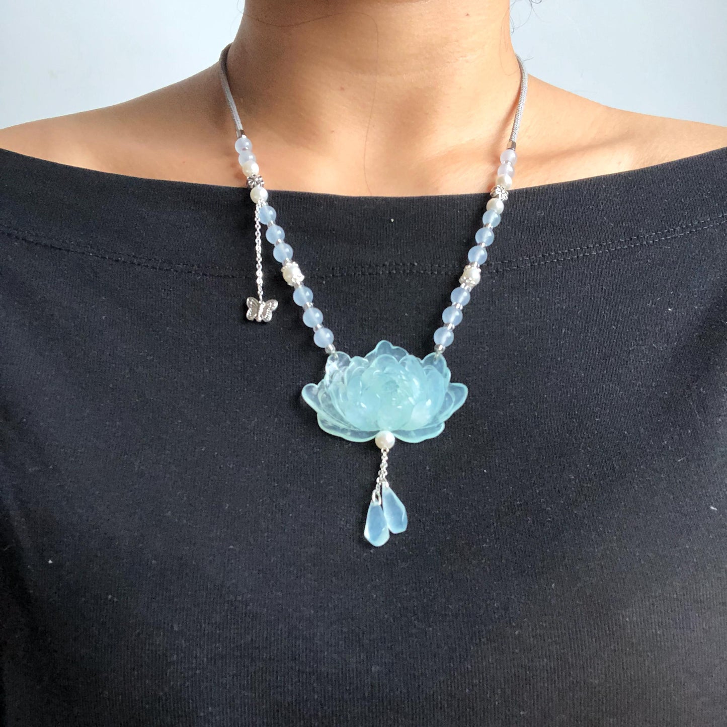 Certificate Natural Xiu Jade (Serpentine) Hand Carved Peony Flower Pendant | Adjustable Necklace Choker | Icy Blue | Asian Vintage Style