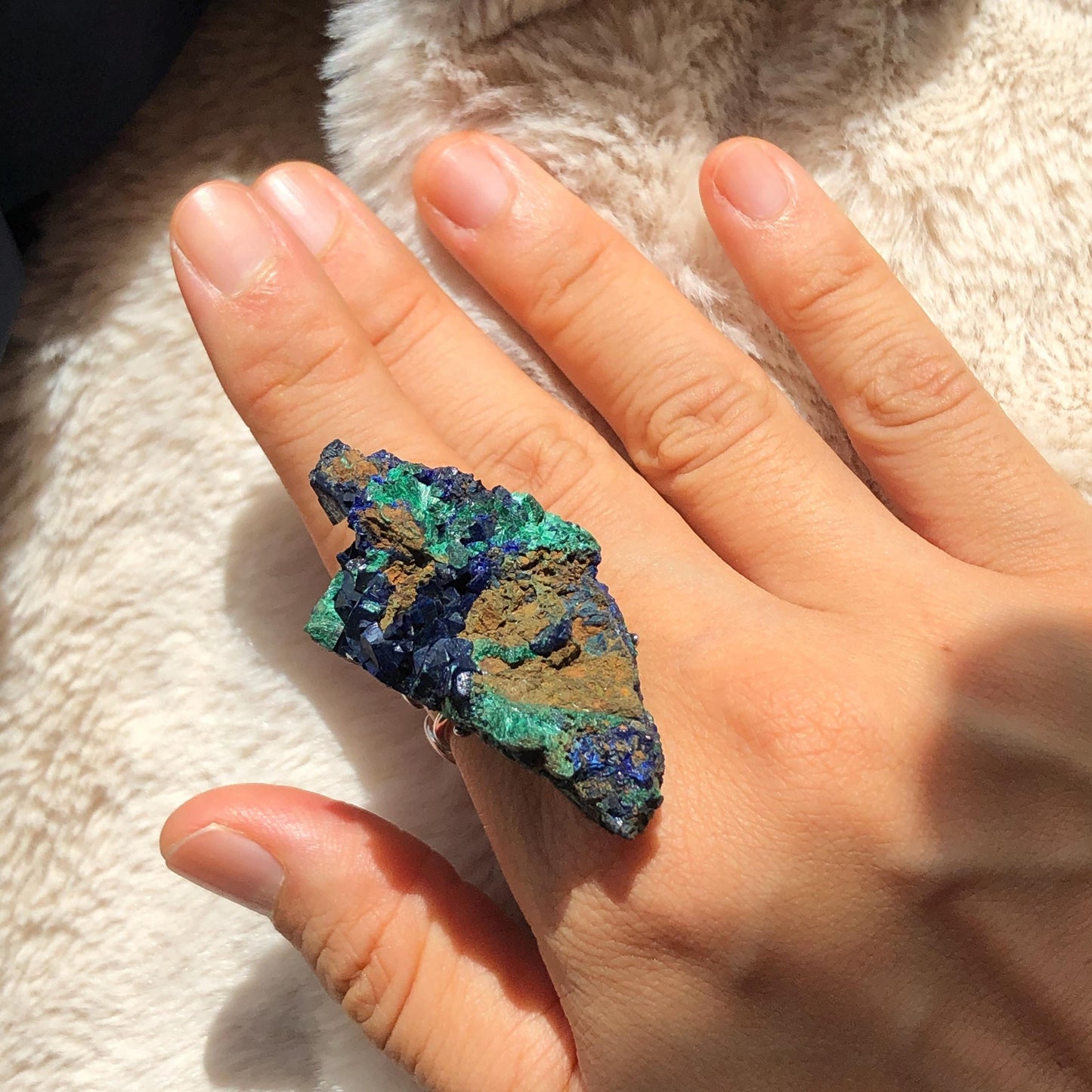 Raw Azurite Malachite Ring, Raw Stone Ring, Raw Crystal Ring, Big Statement Ring, Rough Irregular Chunky Gemstone Ring Gift for Men and Women, Sparky Shiny Crystal Ring, May Birthstone Ring, Silver Gold plated copper ring, birthday gift for her him