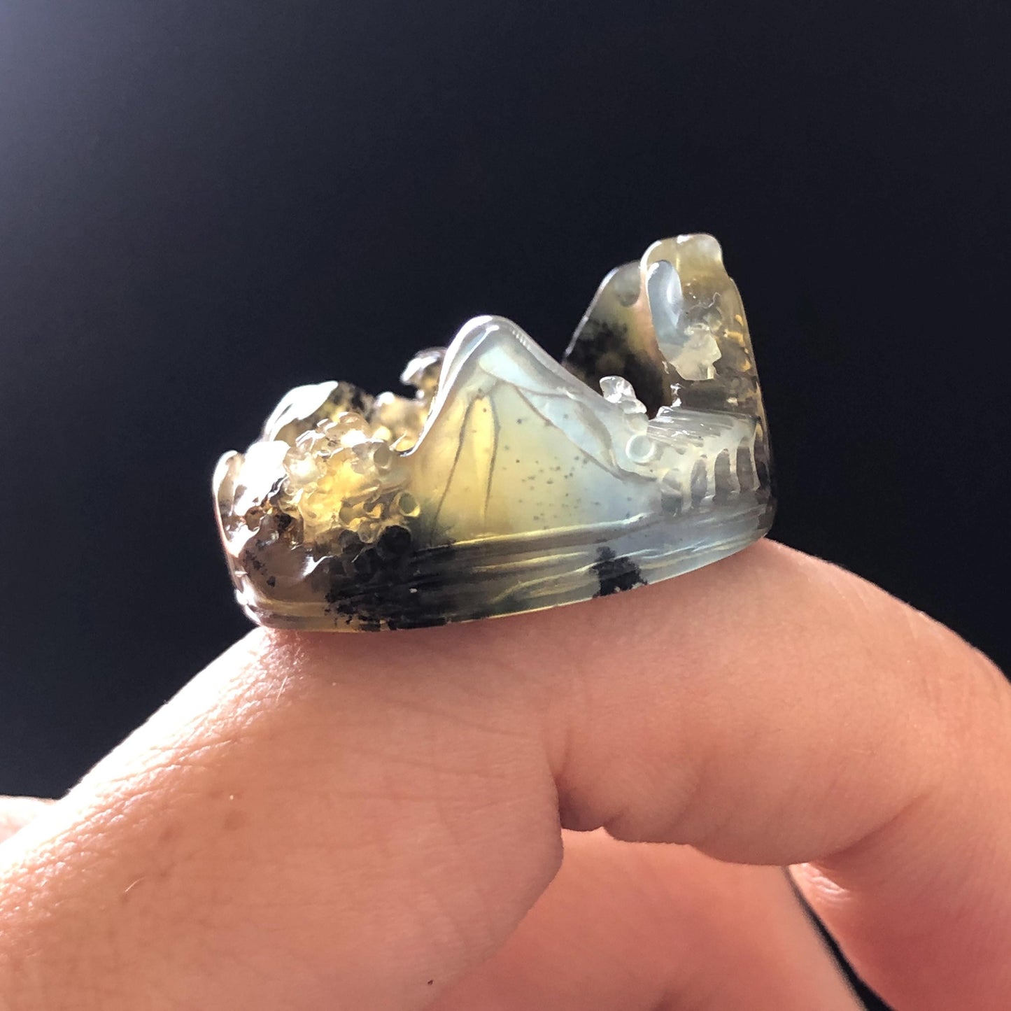 Natural Xiu Jade Serpentine Carved Countryside Landscape Ring | 17.4mm (US 7-7.5) | Icy Greenish Blue & Yellow | Chinese Ink brush painting