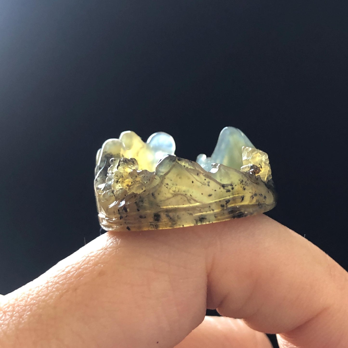 Natural Xiu Jade Serpentine Carved Countryside Landscape Ring | 17.4mm (US 7-7.5) | Icy Greenish Blue & Yellow | Chinese Ink brush painting
