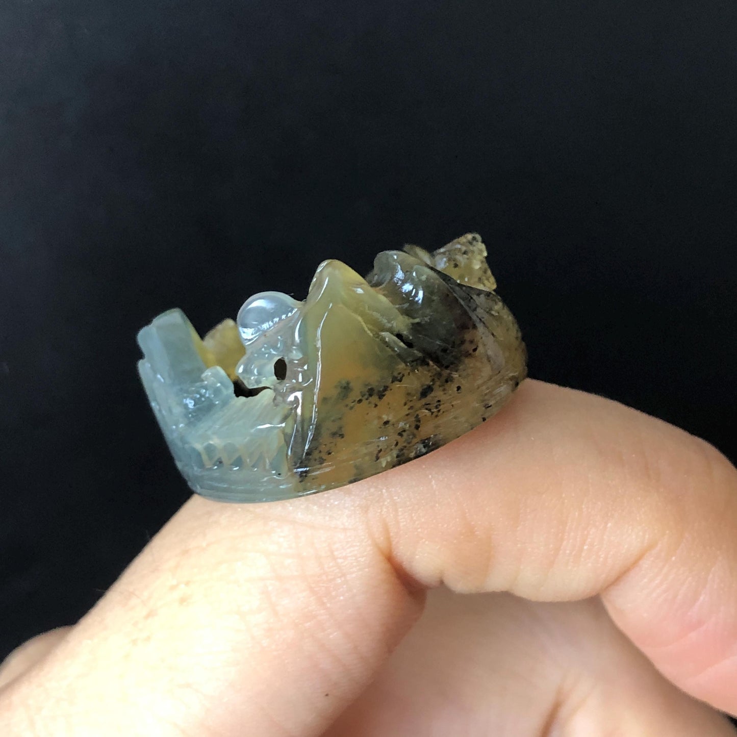 Natural Xiu Jade Serpentine Carved Countryside Landscape Ring | 17.4mm (US 7-7.5) | Icy Greenish Blue & Yellow | Chinese Ink brush painting