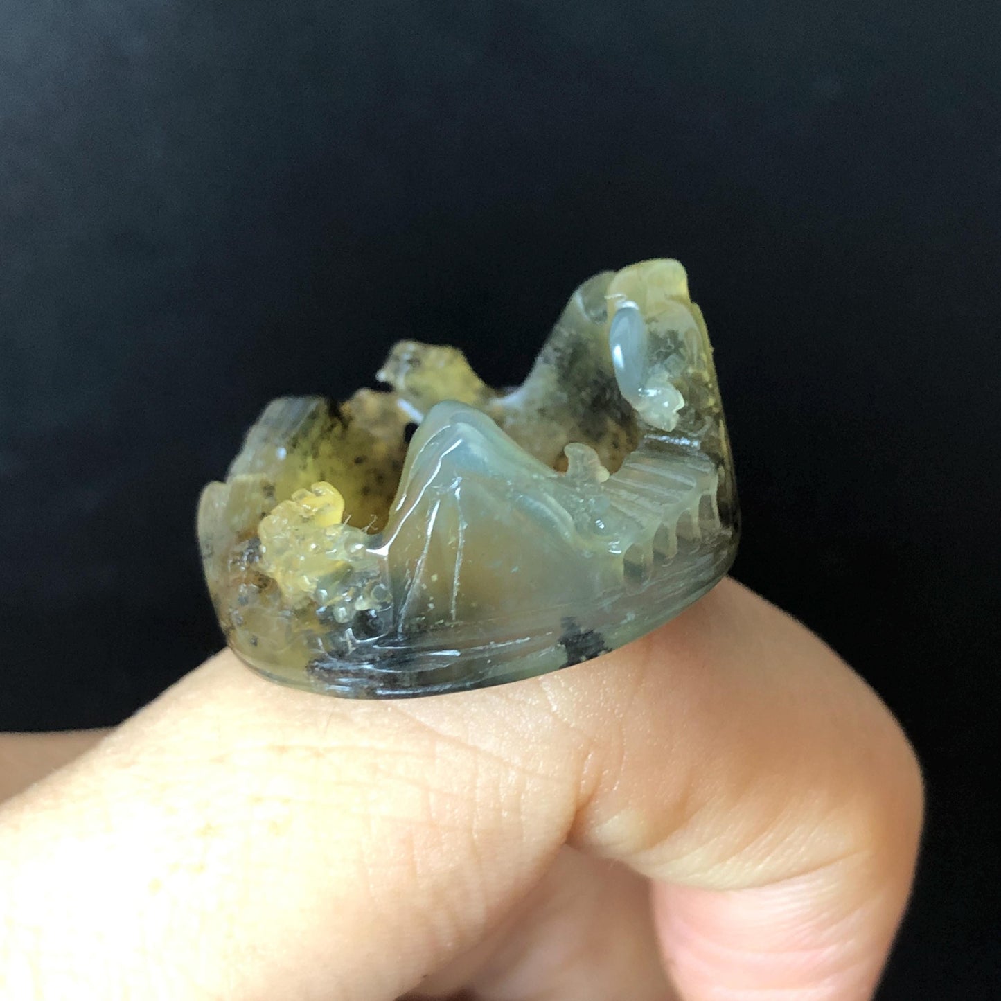 Natural Xiu Jade Serpentine Carved Countryside Landscape Ring | 17.4mm (US 7-7.5) | Icy Greenish Blue & Yellow | Chinese Ink brush painting
