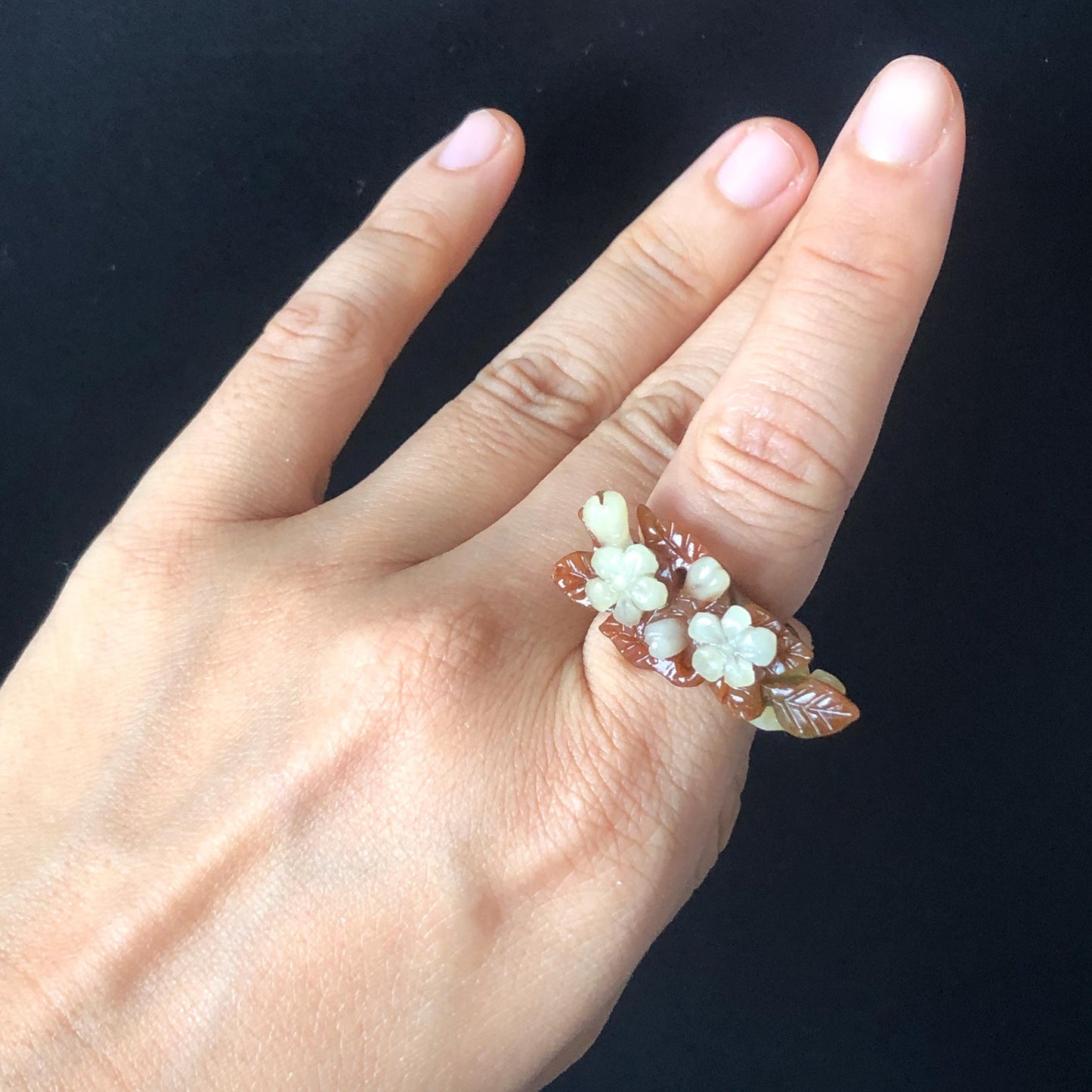 Natural Xiu Jade Serpentine Hand Craved Plum Blossom Flower Blooming Ring | 16mm (US 5.5-6) | Caramel Brown & White | Crystal Stone Gemstone
