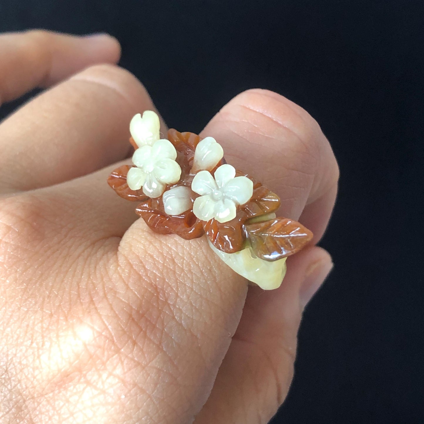 Natural Xiu Jade Serpentine Hand Craved Plum Blossom Flower Blooming Ring | 16mm (US 5.5-6) | Caramel Brown & White | Crystal Stone Gemstone
