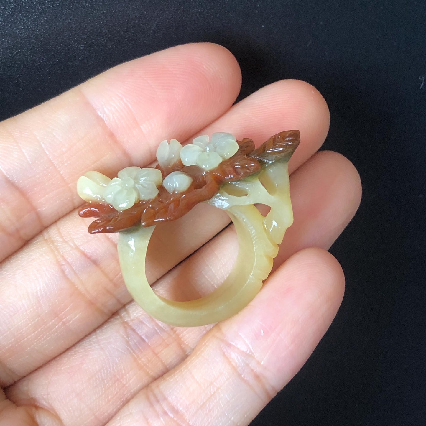 Natural Xiu Jade Serpentine Hand Craved Plum Blossom Flower Blooming Ring | 16mm (US 5.5-6) | Caramel Brown & White | Crystal Stone Gemstone