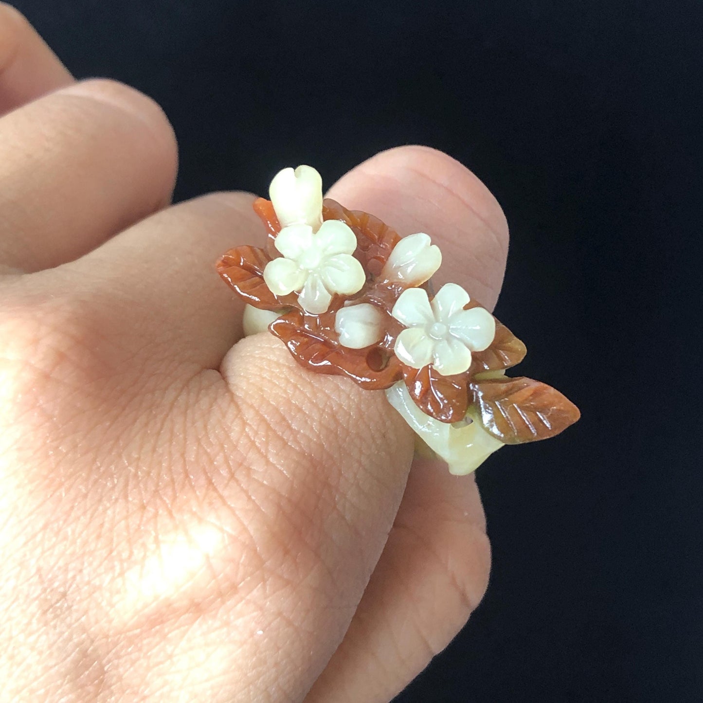 Natural Xiu Jade Serpentine Hand Craved Plum Blossom Flower Blooming Ring | 16mm (US 5.5-6) | Caramel Brown & White | Crystal Stone Gemstone