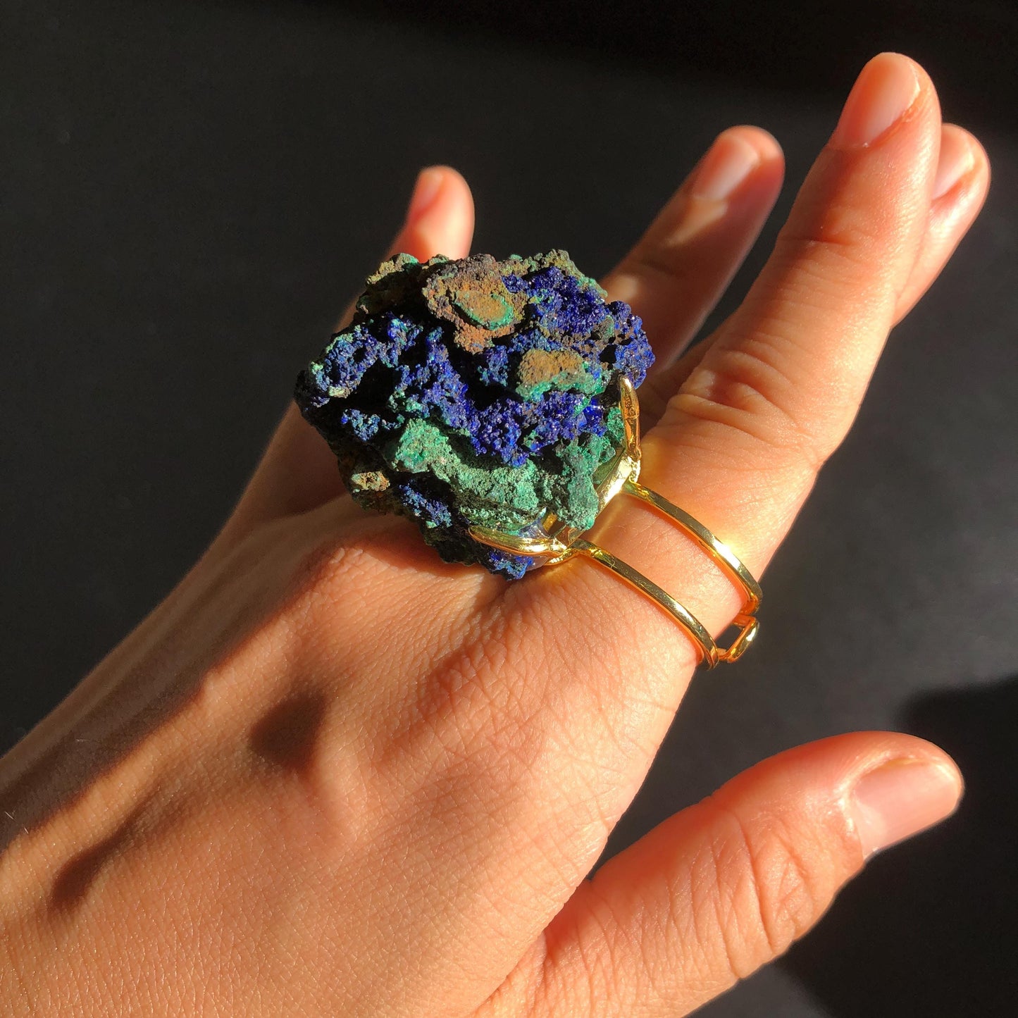 Raw Azurite Malachite Ring, Raw Stone Ring, Raw Crystal Ring, Big Statement Ring, Rough Irregular Chunky Gemstone Ring Gift for Men and Women, Sparky Shiny Crystal Ring, May Birthstone Ring, Silver Gold plated copper ring, birthday gift for her him