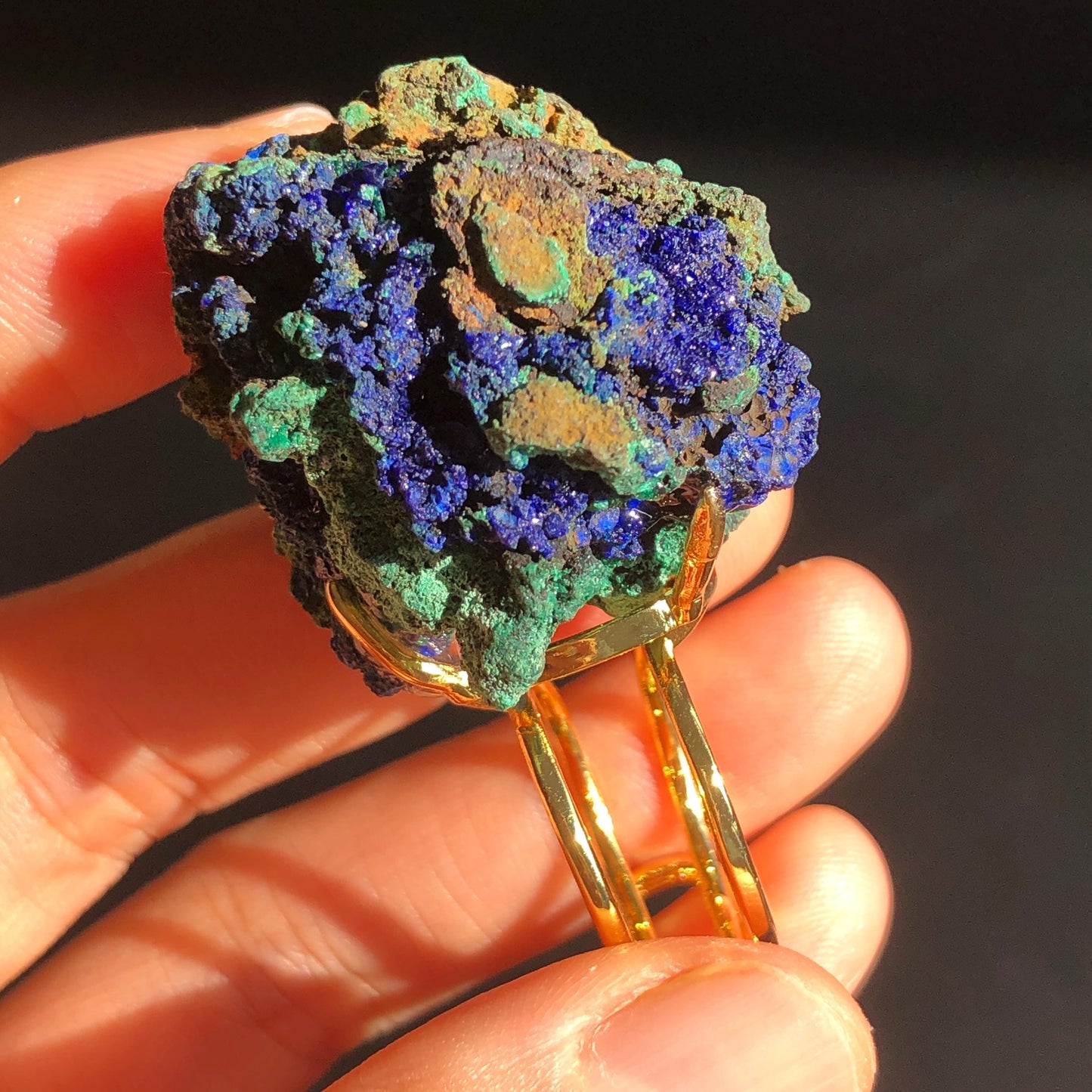 Raw Azurite Malachite Ring, Raw Stone Ring, Raw Crystal Ring, Big Statement Ring, Rough Irregular Chunky Gemstone Ring Gift for Men and Women, Sparky Shiny Crystal Ring, May Birthstone Ring, Silver Gold plated copper ring, birthday gift for her him