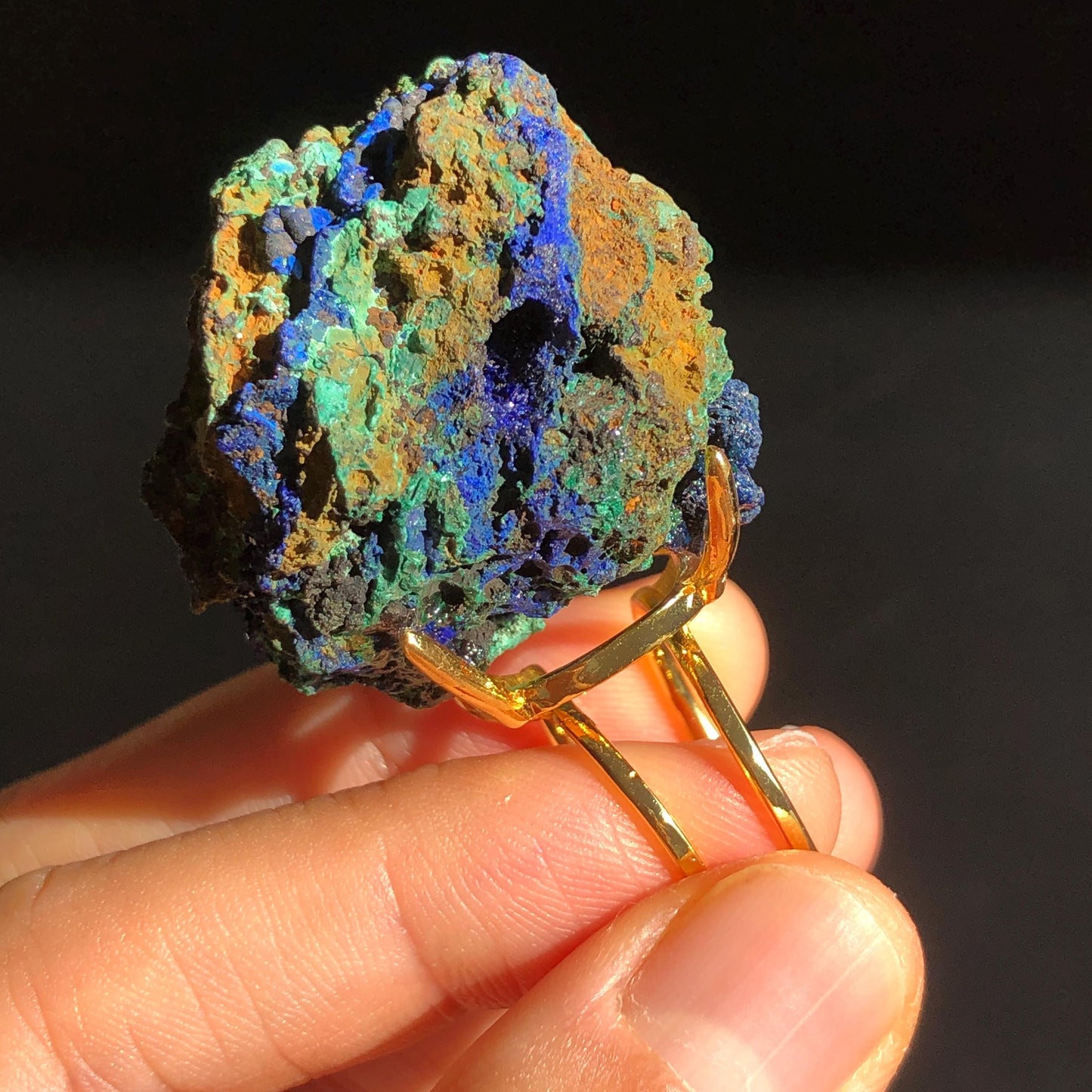 Raw Azurite Malachite Ring, Raw Stone Ring, Raw Crystal Ring, Big Statement Ring, Rough Irregular Chunky Gemstone Ring Gift for Men and Women, Sparky Shiny Crystal Ring, May Birthstone Ring, Silver Gold plated copper ring, birthday gift for her him