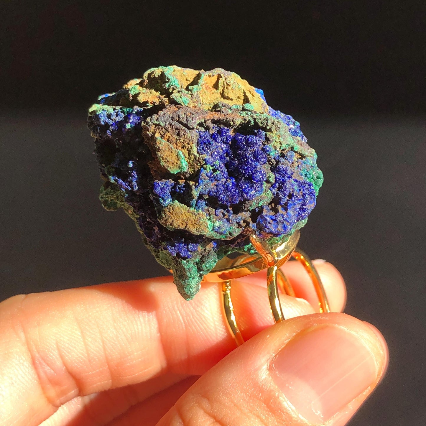 Raw Azurite Malachite Ring, Raw Stone Ring, Raw Crystal Ring, Big Statement Ring, Rough Irregular Chunky Gemstone Ring Gift for Men and Women, Sparky Shiny Crystal Ring, May Birthstone Ring, Silver Gold plated copper ring, birthday gift for her him