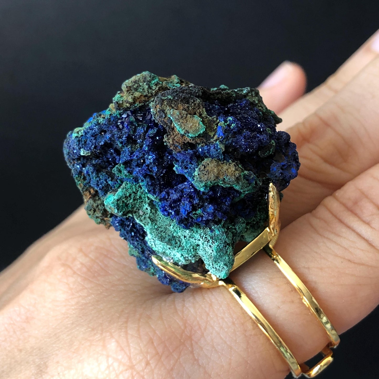 Raw Azurite Malachite Ring, Raw Stone Ring, Raw Crystal Ring, Big Statement Ring, Rough Irregular Chunky Gemstone Ring Gift for Men and Women, Sparky Shiny Crystal Ring, May Birthstone Ring, Silver Gold plated copper ring, birthday gift for her him