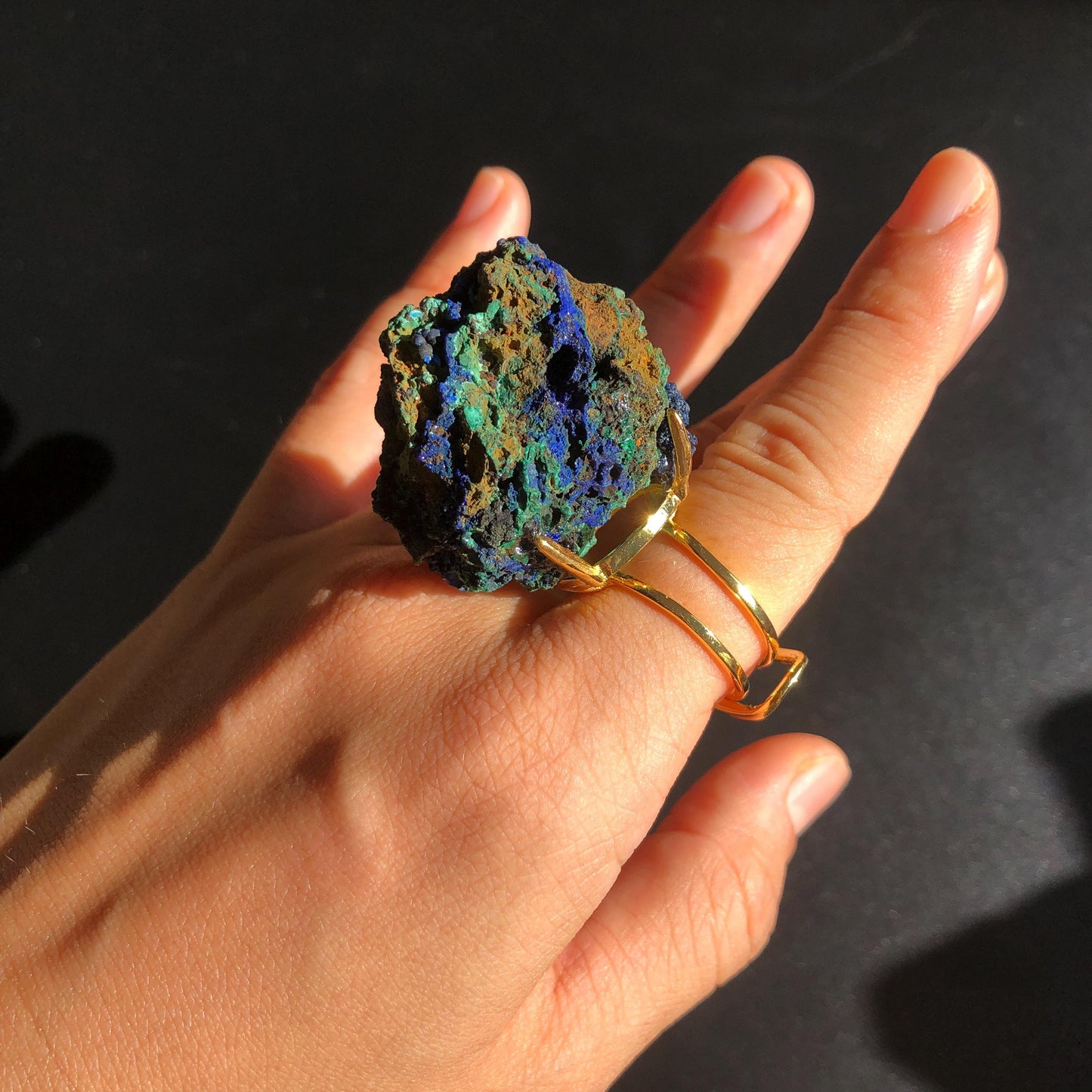 Raw Azurite Malachite Ring, Raw Stone Ring, Raw Crystal Ring, Big Statement Ring, Rough Irregular Chunky Gemstone Ring Gift for Men and Women, Sparky Shiny Crystal Ring, May Birthstone Ring, Silver Gold plated copper ring, birthday gift for her him
