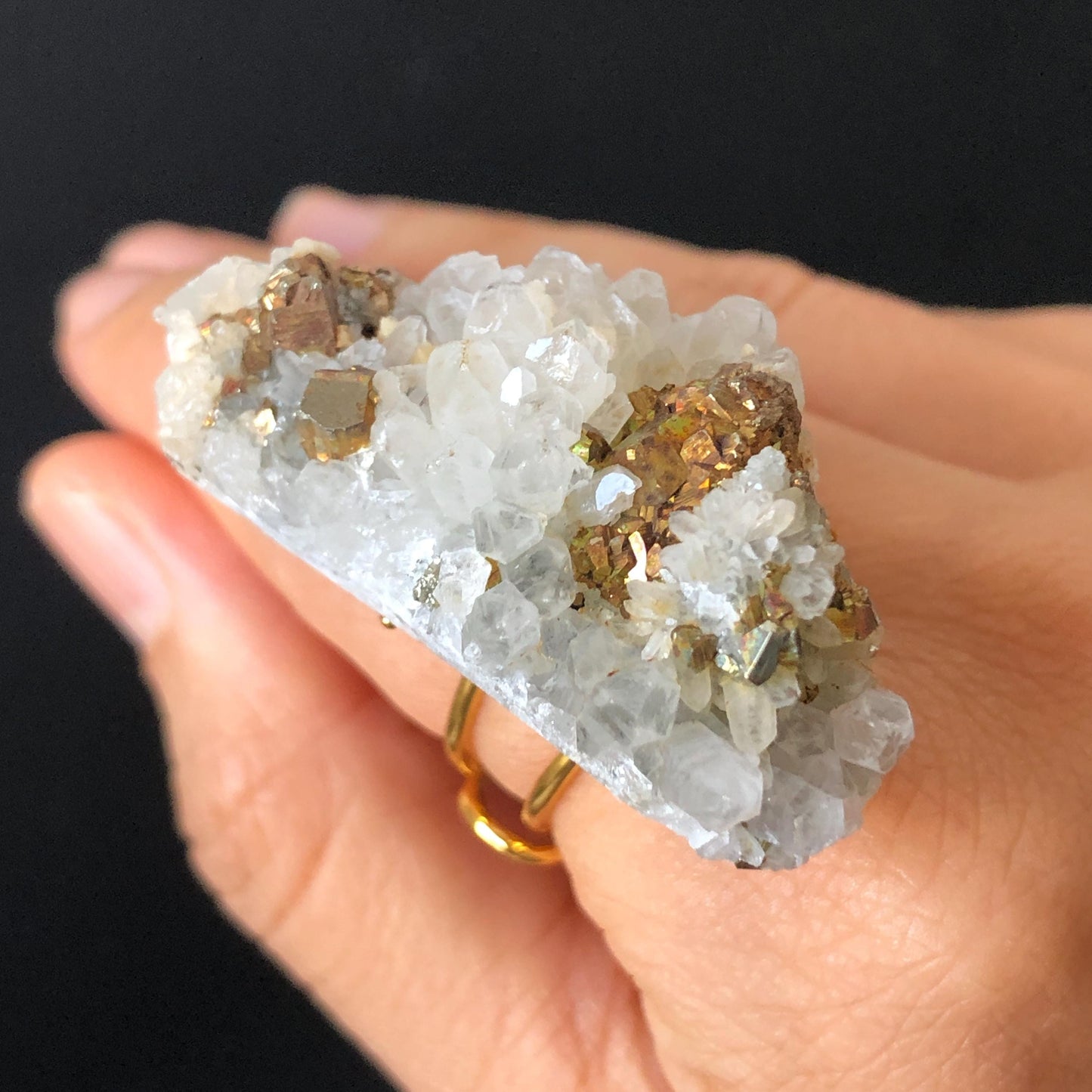 Raw Chalcopyrite and Clear Quartz Crystal Ring | Raw Stone Ring | Abundance Stone | Adjustable Statement Ring | Natural Gemstone Birthstone
