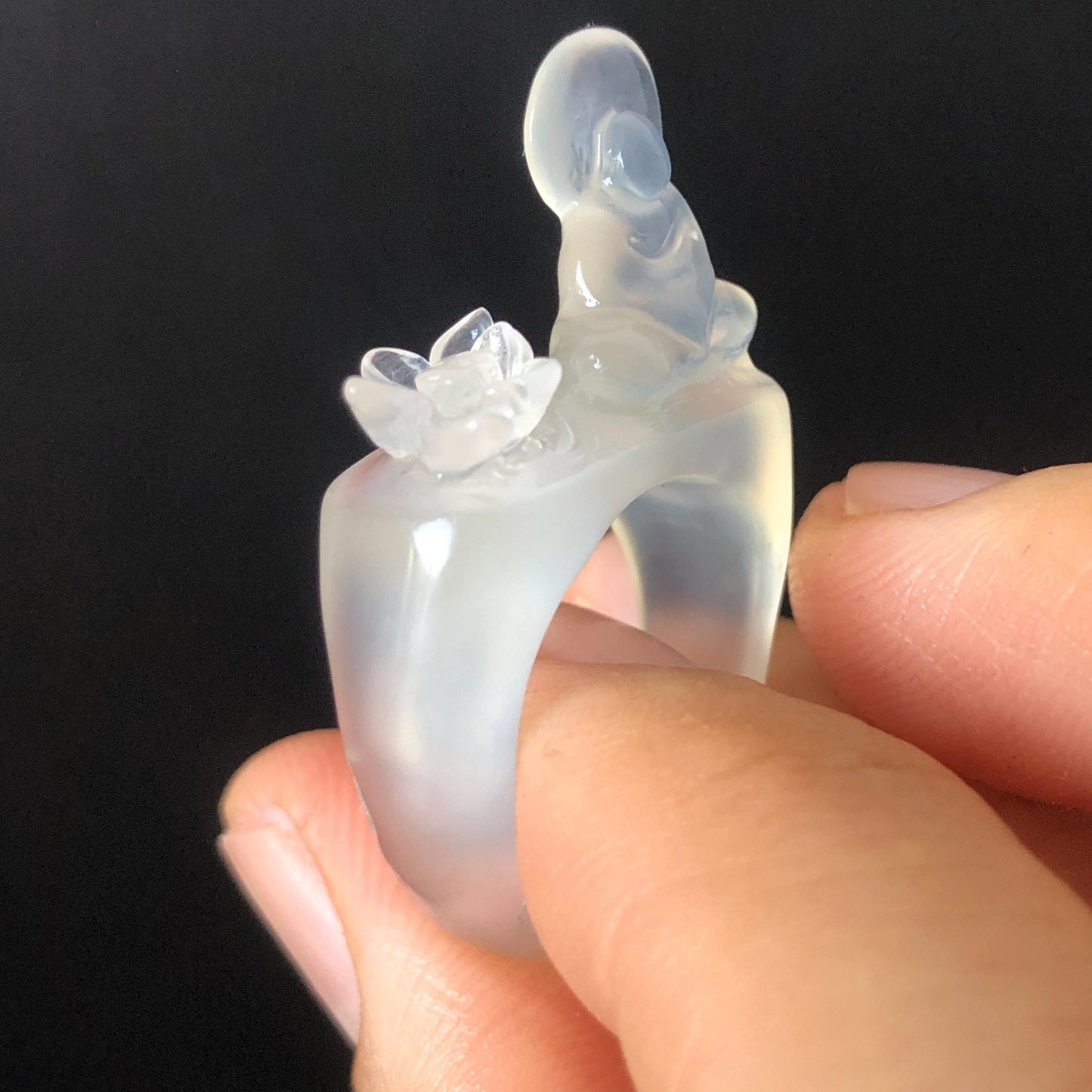 Natural Xiu Jade (Serpentine) Hand Carved Buddha & Lotus Ring | 16.3mm (US 5.5-6) | Icy White Translucent | Stone Crystal Gemstone