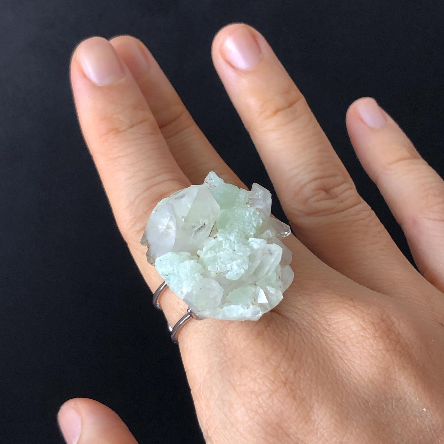 Natural Raw Prehnite Clear Quartz Cluster Ring, Green Raw Stone Ring Massive Crystal Ring, Large Statement Ring, Oversized Gemstone Jewelry