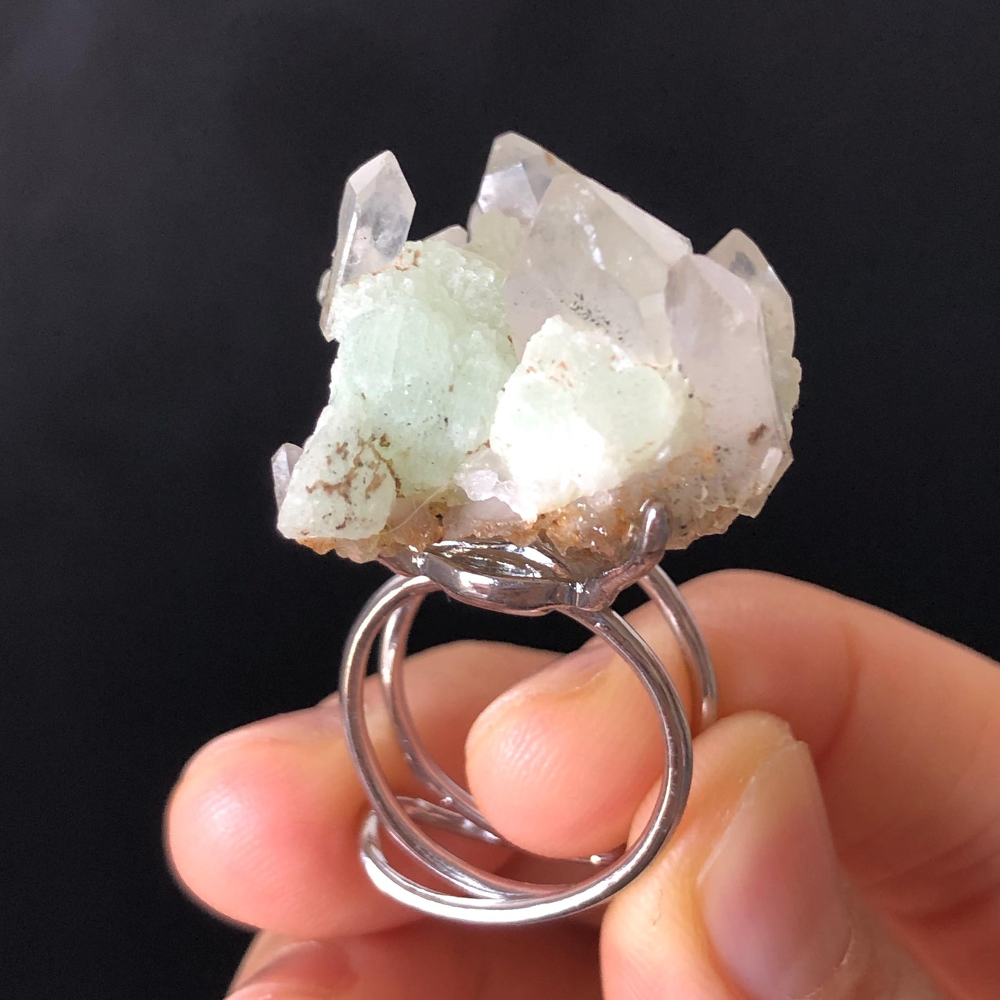 Natural Raw Prehnite Clear Quartz Cluster Ring, Green Raw Stone Ring Massive Crystal Ring, Large Statement Ring, Oversized Gemstone Jewelry