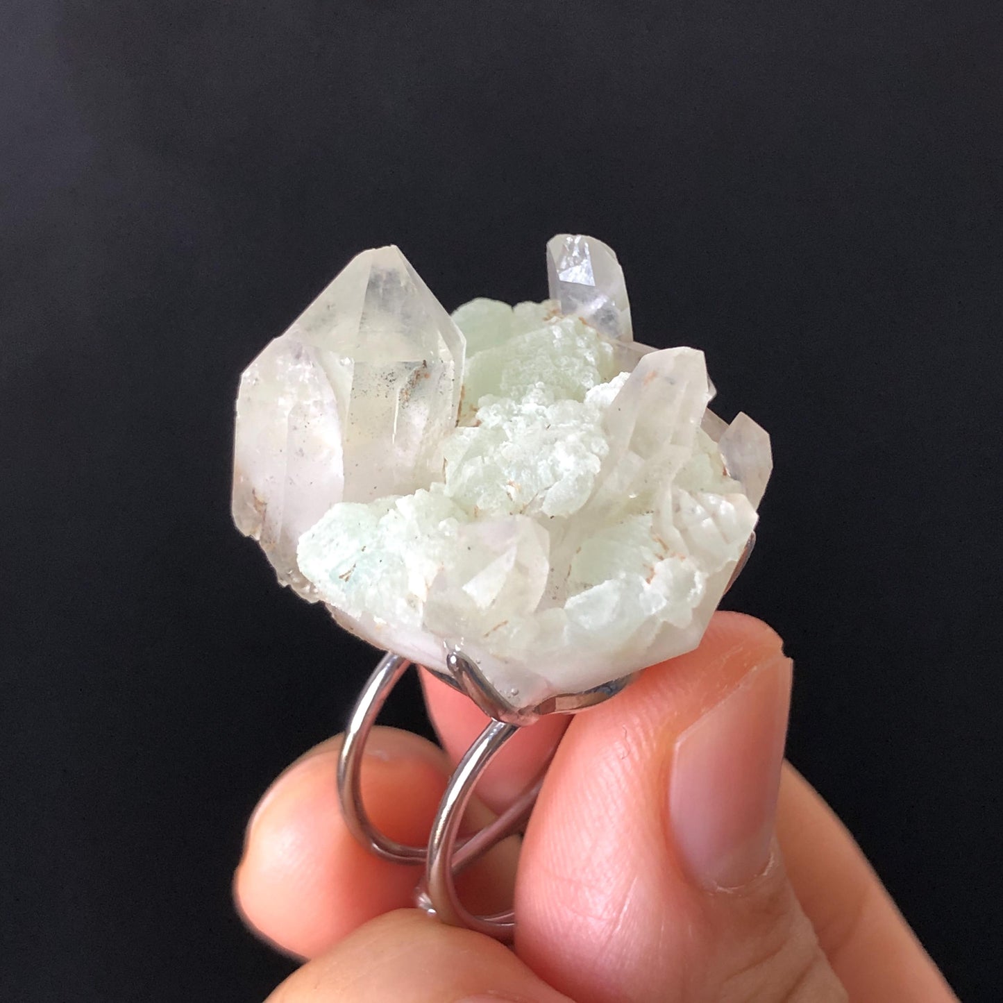 Natural Raw Prehnite Clear Quartz Cluster Ring, Green Raw Stone Ring Massive Crystal Ring, Large Statement Ring, Oversized Gemstone Jewelry