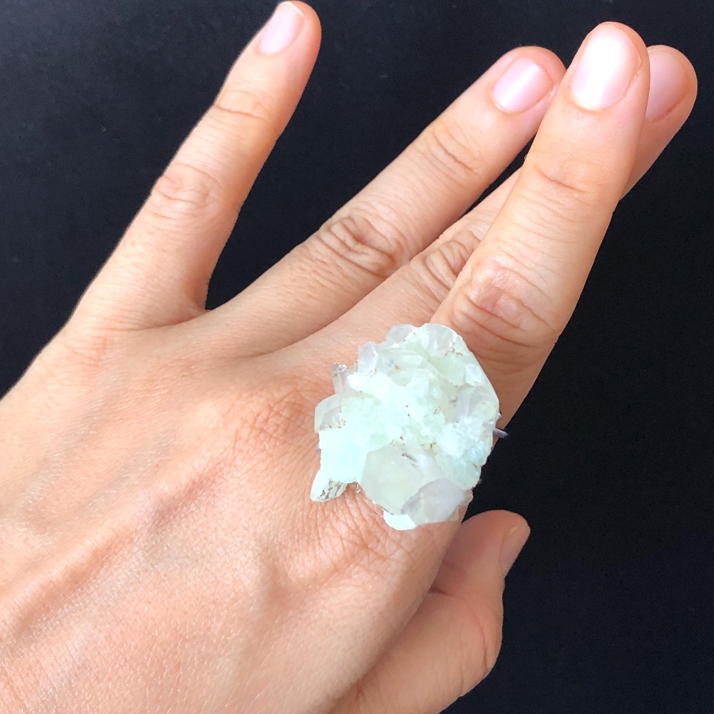 Natural Raw Prehnite Clear Quartz Cluster Ring, Green Raw Stone Ring Massive Crystal Ring, Large Statement Ring, Oversized Gemstone Jewelry
