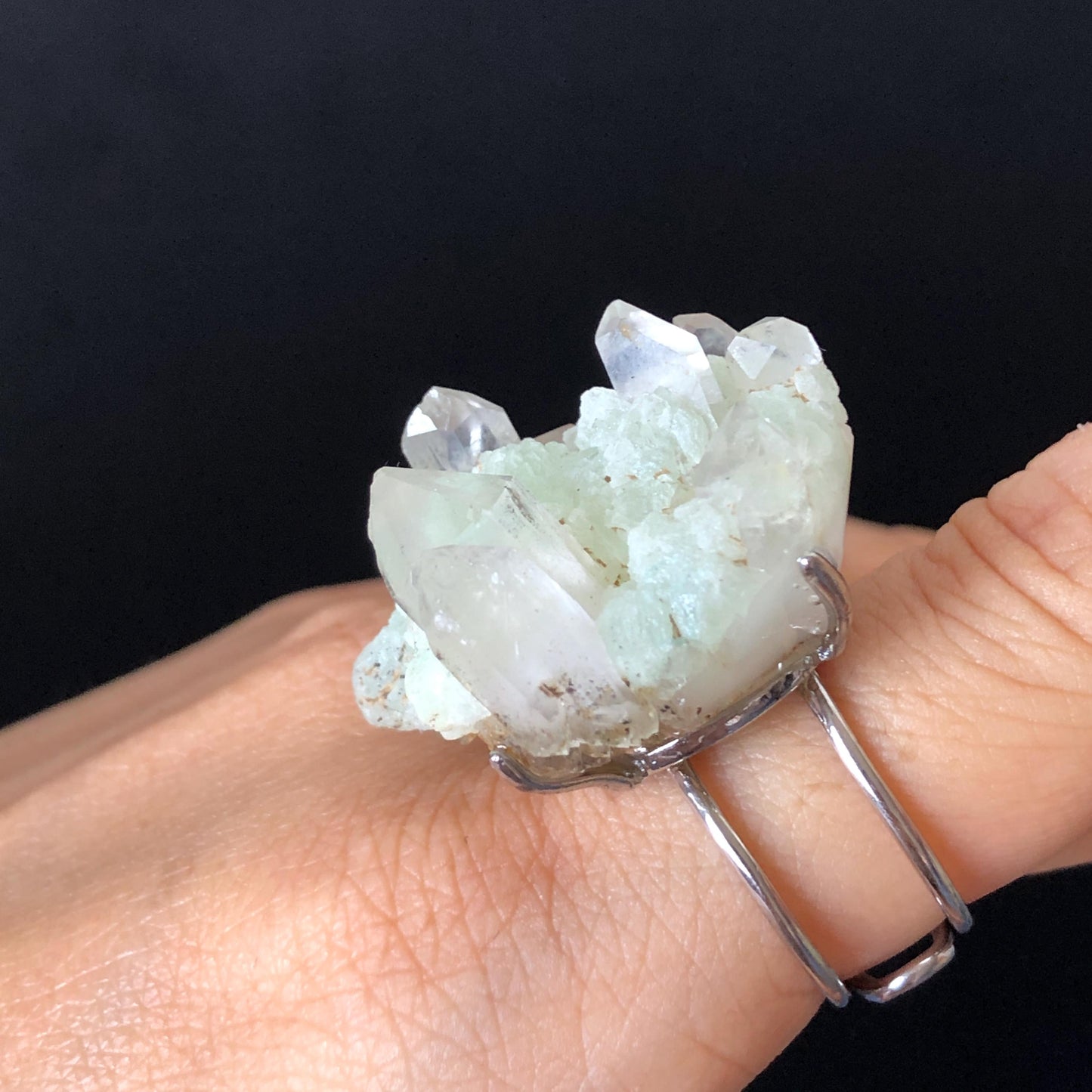 Natural Raw Prehnite Clear Quartz Cluster Ring, Green Raw Stone Ring Massive Crystal Ring, Large Statement Ring, Oversized Gemstone Jewelry