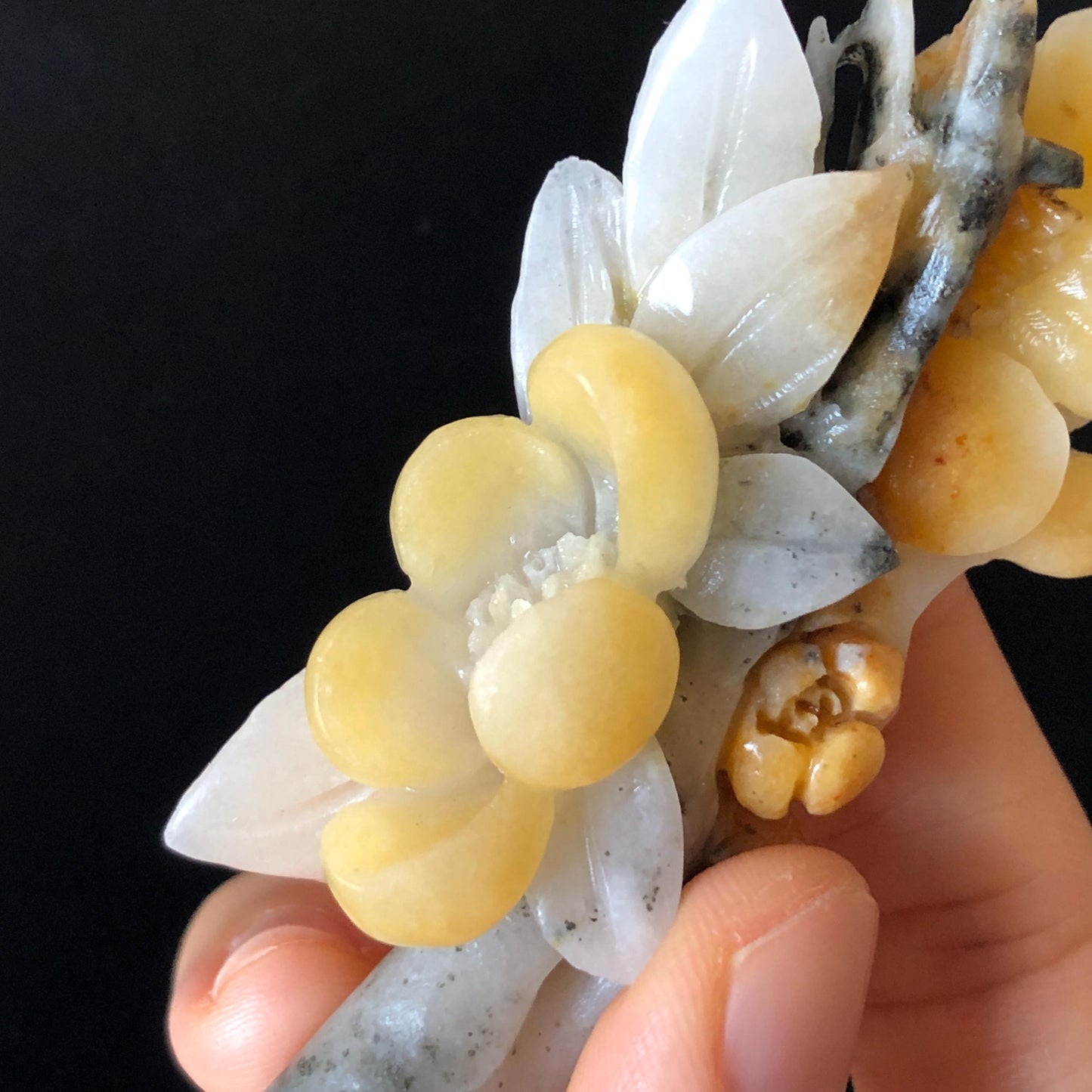 Certificate Natural Xiu Jade (Serpentine) Hand Carved Peach Blossom Flower Hair Pin | Hair Stick | Yellow White Black | Asian Vintage Style
