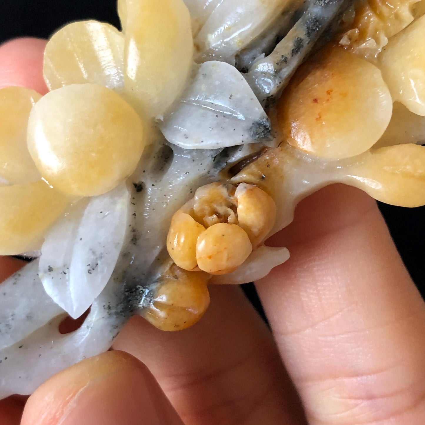 Certificate Natural Xiu Jade (Serpentine) Hand Carved Peach Blossom Flower Hair Pin | Hair Stick | Yellow White Black | Asian Vintage Style