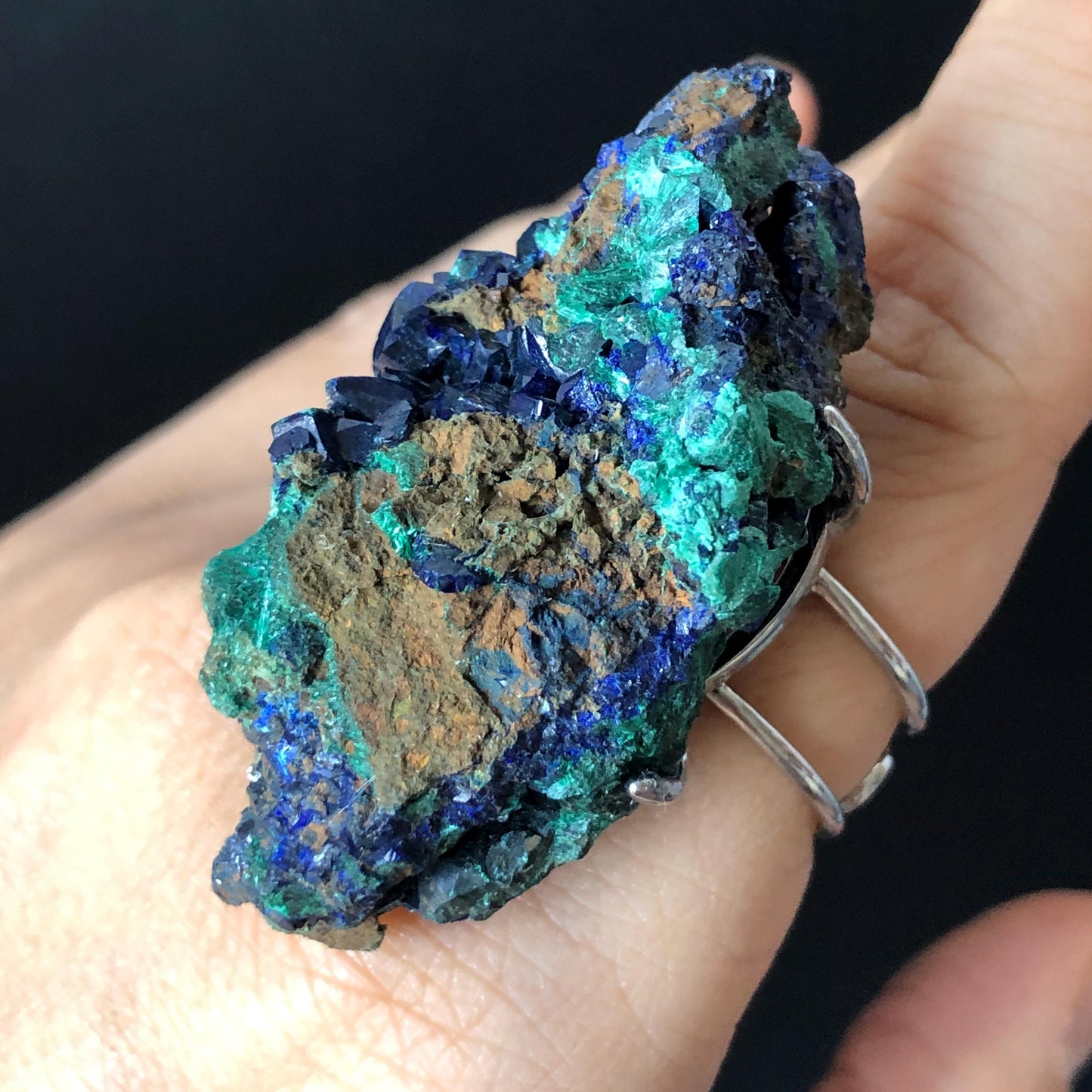 Raw Azurite Malachite Ring, Raw Stone Ring, Raw Crystal Ring, Big Statement Ring, Rough Irregular Chunky Gemstone Ring Gift for Men and Women, Sparky Shiny Crystal Ring, May Birthstone Ring, Silver Gold plated copper ring, birthday gift for her him