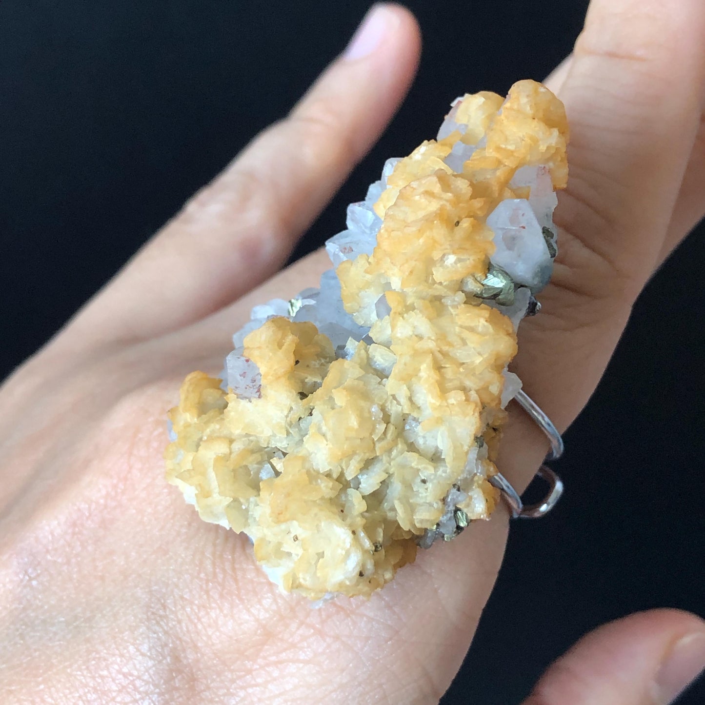Raw Yellow Dolomite Chalcopyrite Quartz Ring, Huge Raw Stone Ring massive crystal ring, Large statement ring, oversized gemstone jewelry, Huge Cocktail ring, bold chunky irregular ring gift for men and women, raw mineral ring, silver-plated copper
