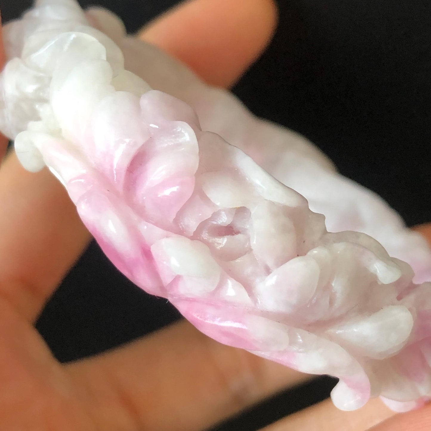 54.1mm Natural SheTaiCui Jade (Quartzite) Hand Carved Rabbit Bunny Flowers Bangle | Pink Purple White | Crystal Bracelet Gemstone Jewellery