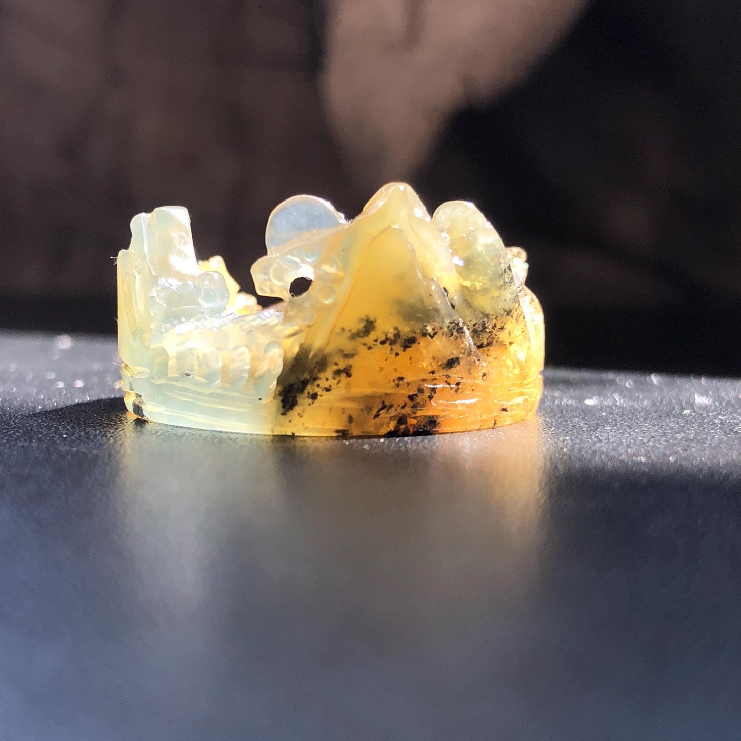 Natural Xiu Jade Serpentine Carved Countryside Landscape Ring | 17.4mm (US 7-7.5) | Icy Greenish Blue & Yellow | Chinese Ink brush painting