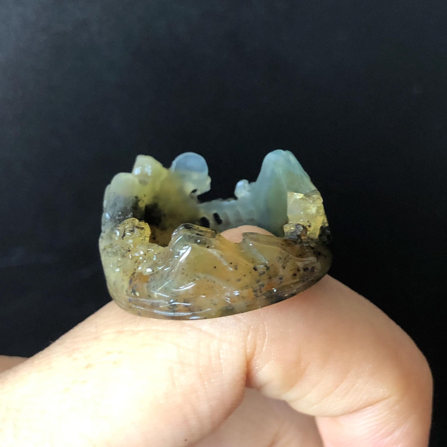 Natural Xiu Jade Serpentine Carved Countryside Landscape Ring | 17.4mm (US 7-7.5) | Icy Greenish Blue & Yellow | Chinese Ink brush painting