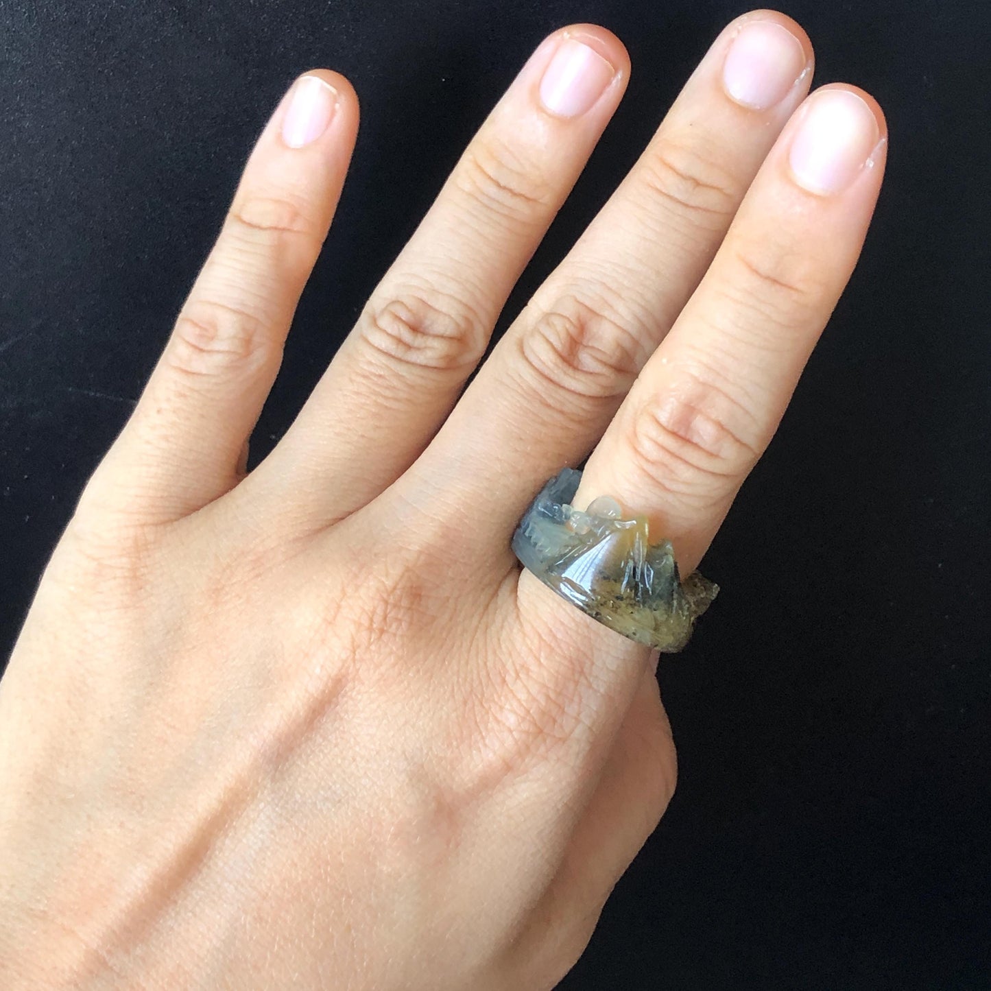 Natural Xiu Jade Serpentine Carved Countryside Landscape Ring | 17.4mm (US 7-7.5) | Icy Greenish Blue & Yellow | Chinese Ink brush painting