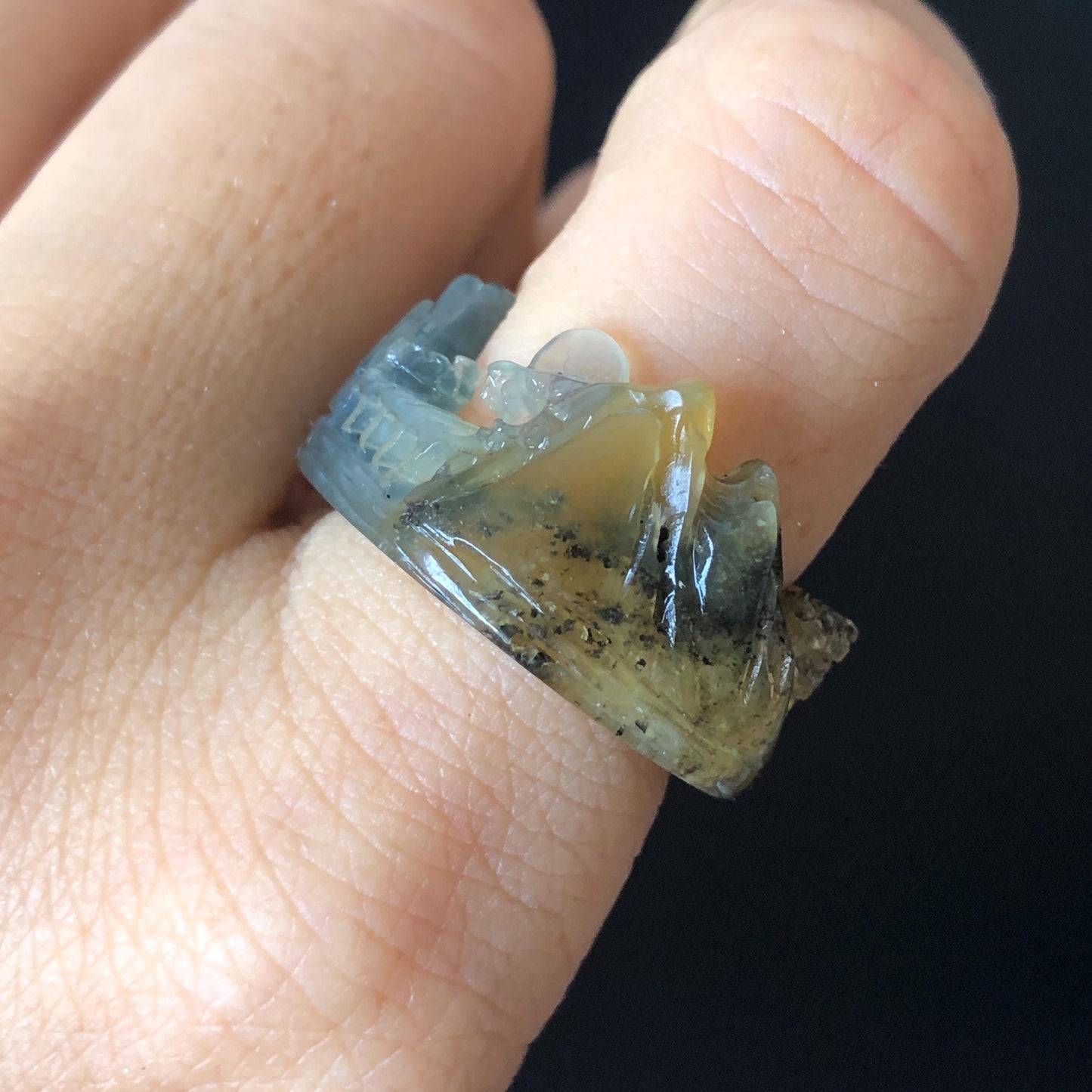 Natural Xiu Jade Serpentine Carved Countryside Landscape Ring | 17.4mm (US 7-7.5) | Icy Greenish Blue & Yellow | Chinese Ink brush painting