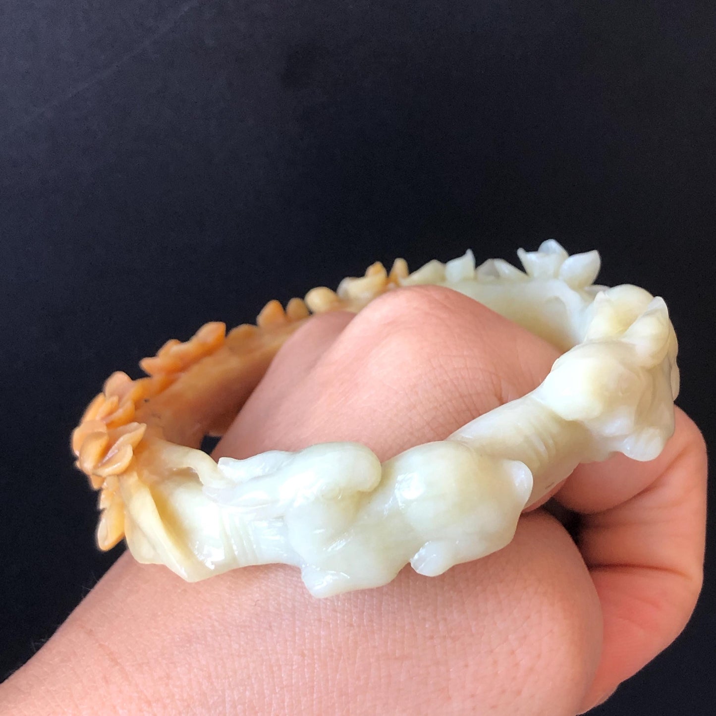 54.1mm Certificated Natural Xiu Jade Serpentine Hand Carved Moon Rabbit Bunny with flower bangle & pendant set | Accept Custom Size Order