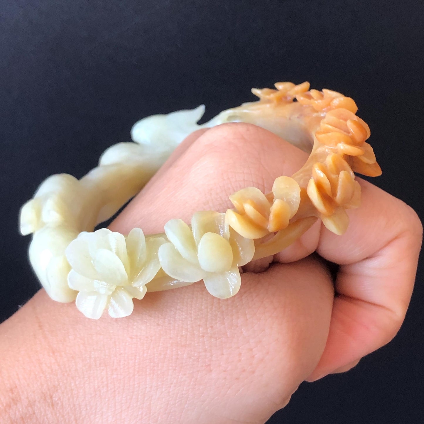 54.1mm Certificated Natural Xiu Jade Serpentine Hand Carved Moon Rabbit Bunny with flower bangle & pendant set | Accept Custom Size Order