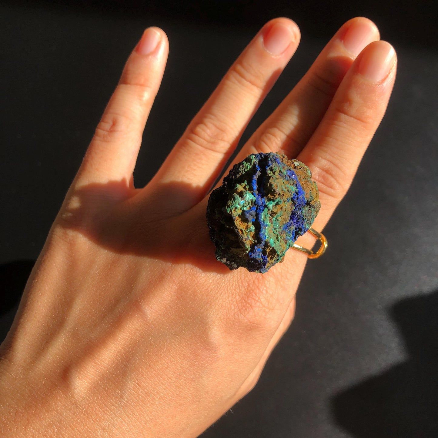 Raw Azurite Malachite Ring, Raw Stone Ring, Raw Crystal Ring, Big Statement Ring, Rough Irregular Chunky Gemstone Ring Gift for Men and Women, Sparky Shiny Crystal Ring, May Birthstone Ring, Silver Gold plated copper ring, birthday gift for her him