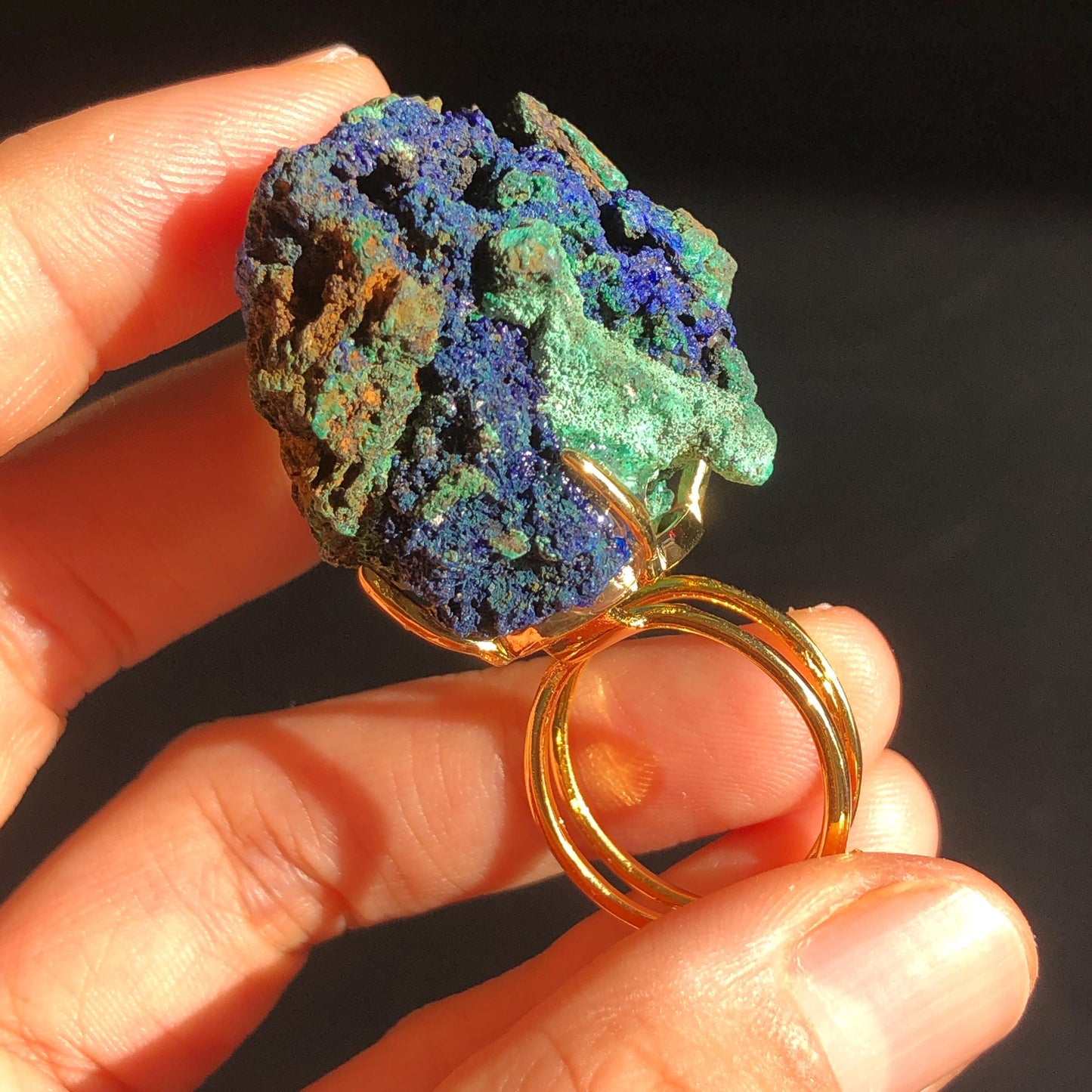 Raw Azurite Malachite Ring, Raw Stone Ring, Raw Crystal Ring, Big Statement Ring, Rough Irregular Chunky Gemstone Ring Gift for Men and Women, Sparky Shiny Crystal Ring, May Birthstone Ring, Silver Gold plated copper ring, birthday gift for her him
