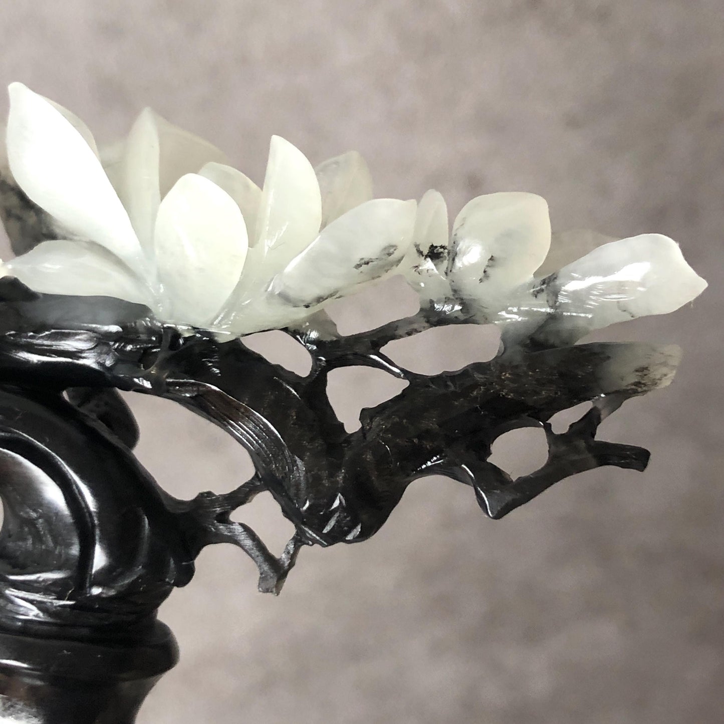 Certificate Natural Xiu Jade (Serpentine) Hand Carved Yulan Magnolia Flower Hair Pin | Jade Hair Stick | Black & White | Asian Vintage Style