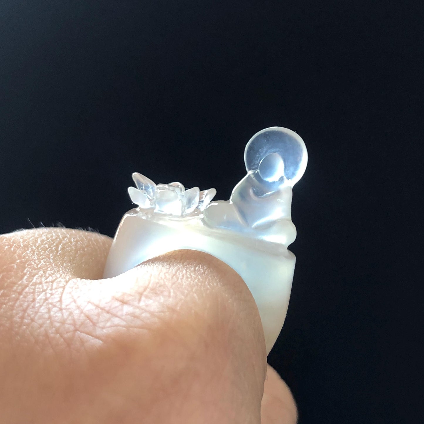 Natural Xiu Jade (Serpentine) Hand Carved Buddha & Lotus Ring | 16.3mm (US 5.5-6) | Icy White Translucent | Stone Crystal Gemstone