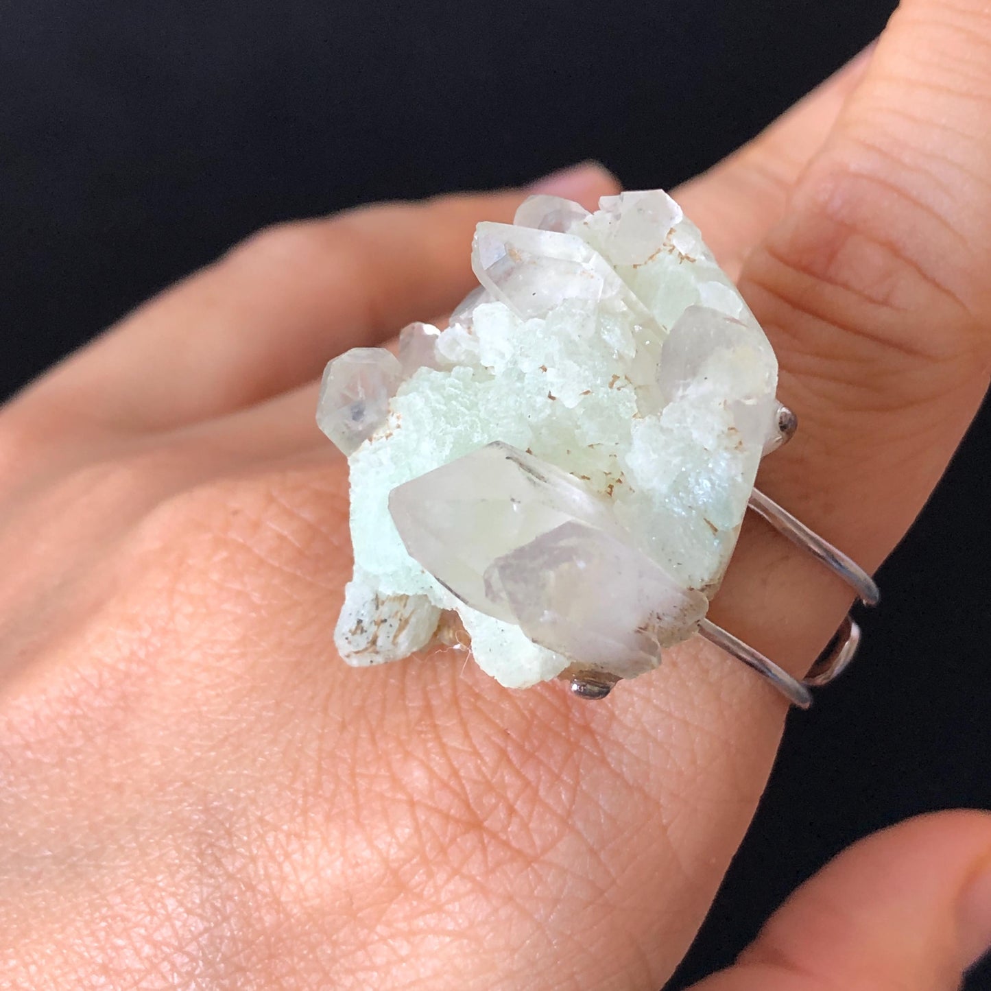 Natural Raw Prehnite Clear Quartz Cluster Ring, Green Raw Stone Ring Massive Crystal Ring, Large Statement Ring, Oversized Gemstone Jewelry