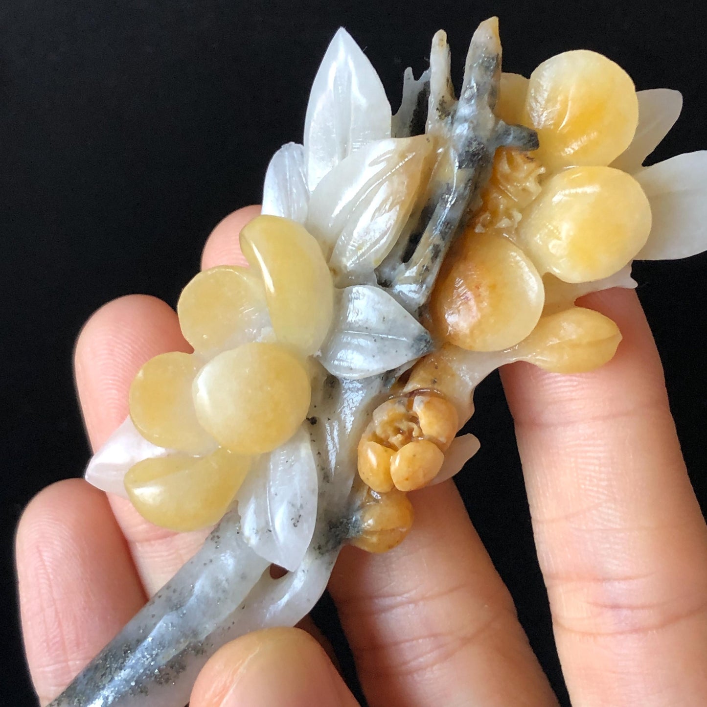 Certificate Natural Xiu Jade (Serpentine) Hand Carved Peach Blossom Flower Hair Pin | Hair Stick | Yellow White Black | Asian Vintage Style