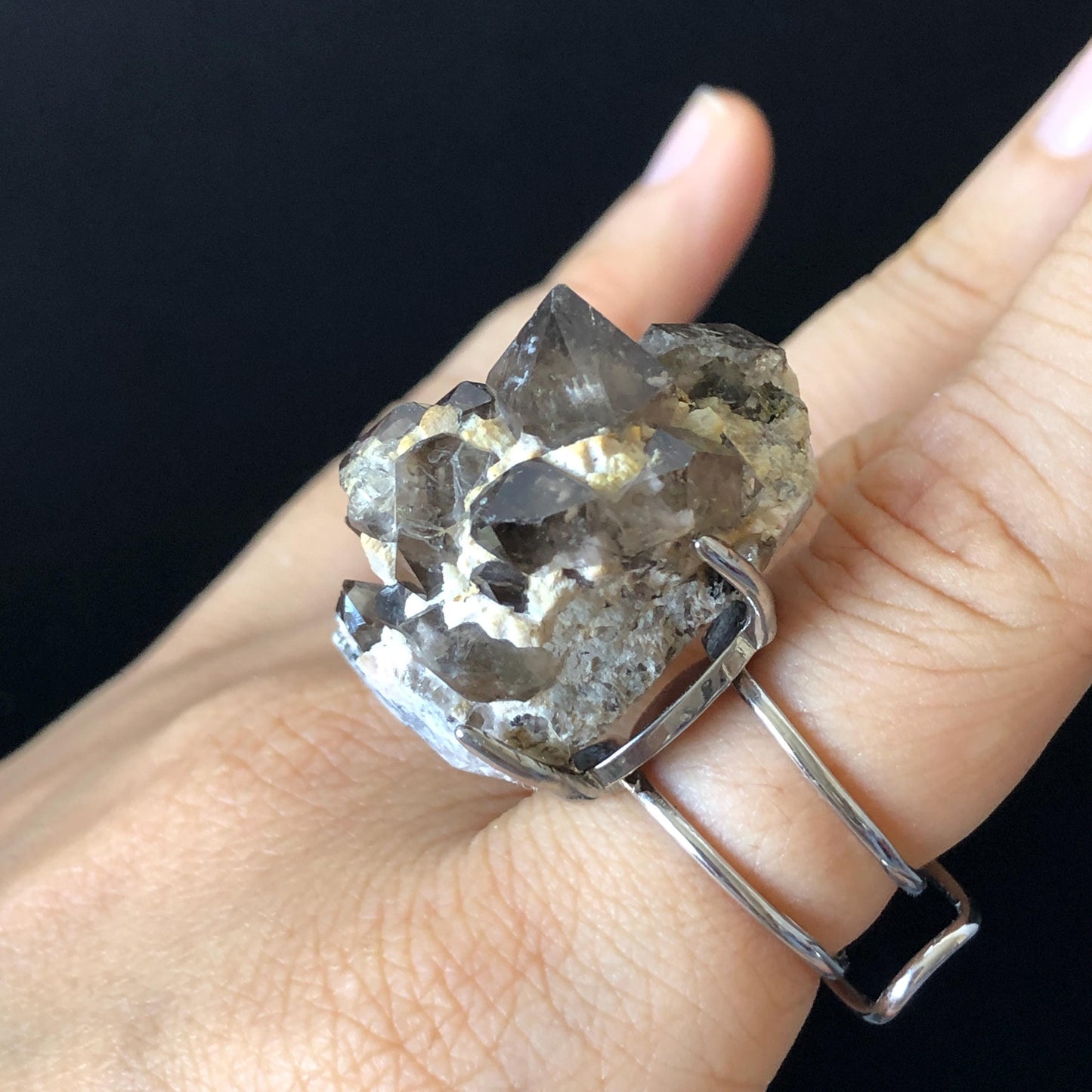 Smoky Quartz Feldspar Ring, silver-plated copper ring, Icy Grey Stone, Adjustable Statement Band Ring, Root Chakras, June Birthstone, Capricorn Sign, chunky raw crystal ring, irregular ring for men and women, raw mineral ring, birthstone ring