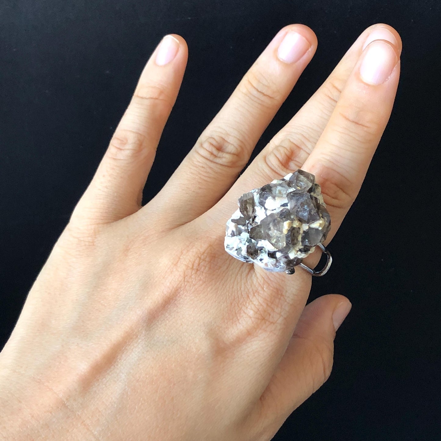 Smoky Quartz Feldspar Ring, silver-plated copper ring, Icy Grey Stone, Adjustable Statement Band Ring, Root Chakras, June Birthstone, Capricorn Sign, chunky raw crystal ring, irregular ring for men and women, raw mineral ring, birthstone ring