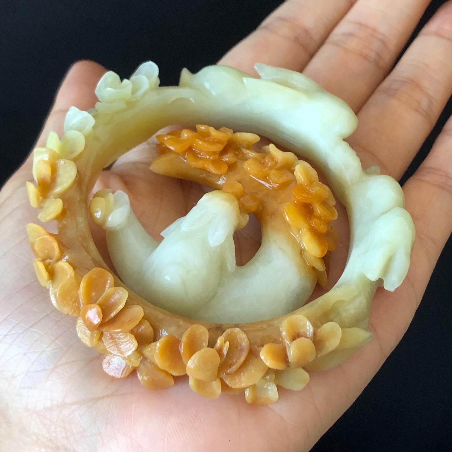54.1mm Certificated Natural Xiu Jade Serpentine Hand Carved Moon Rabbit Bunny with flower bangle & pendant set | Accept Custom Size Order