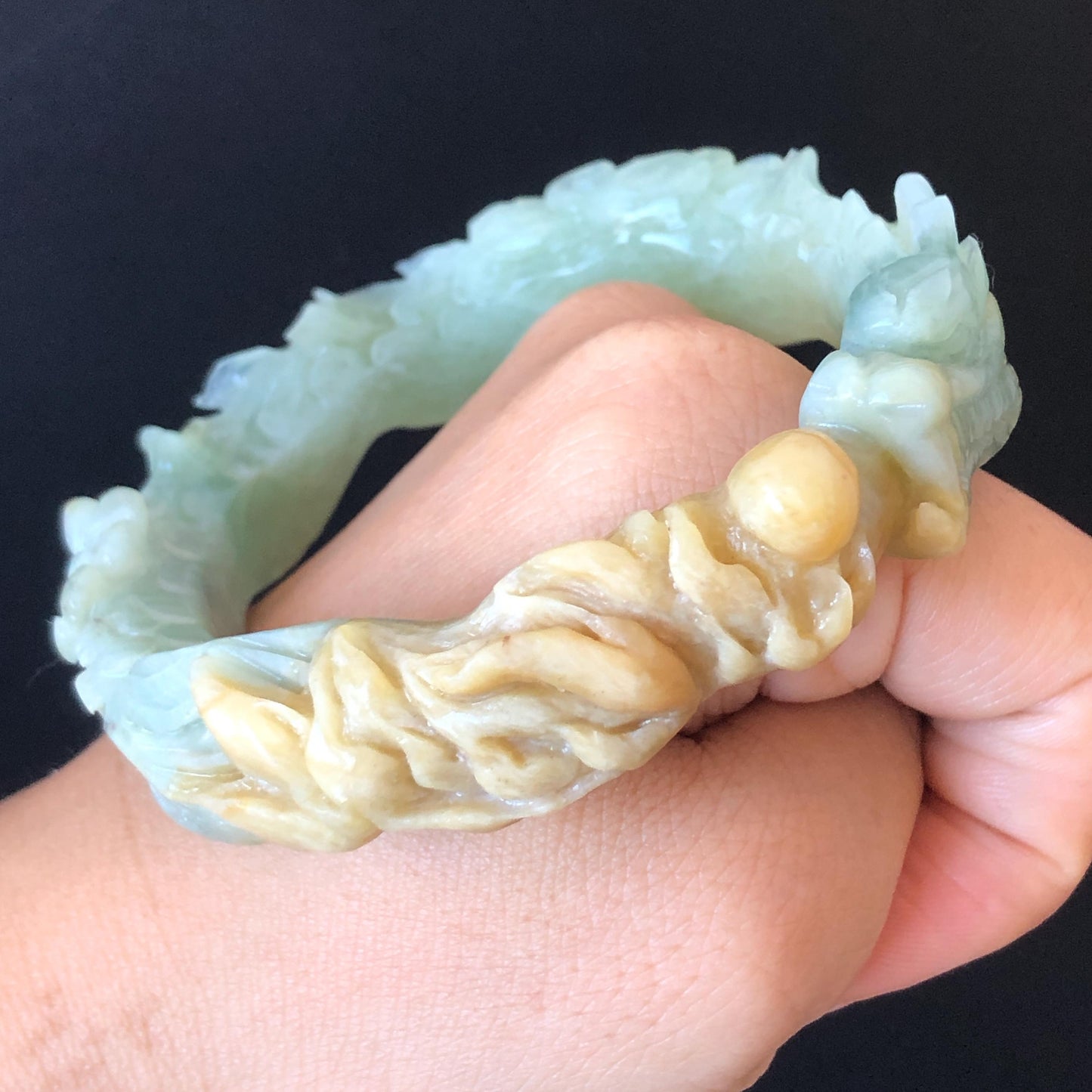 55.6mm Certificated Natural Xiu Jade Serpentine Hand Craved Dragon Bangle | Rise from Sea to Sky | Fire Ball | Accept Customized Order