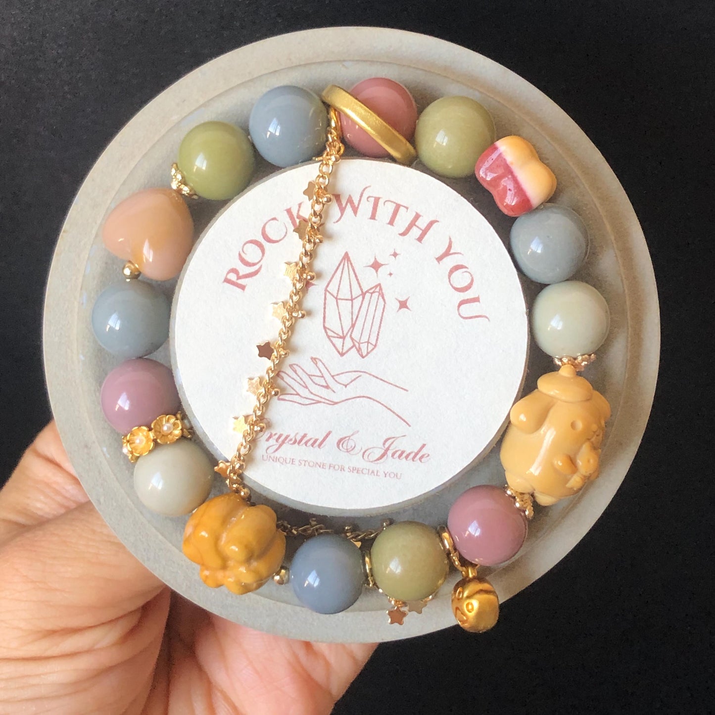 Alashan Agate Sanrio Pom Pom Purin with carved Dog Paw and Bone charm Bead Crystal Bracelet | Gemstone custom made | Removable Chain Dangler, macaroon rainbow colour, gold-plated accessories, crystal bead bracelet, dog paw charm, born charm, big bead