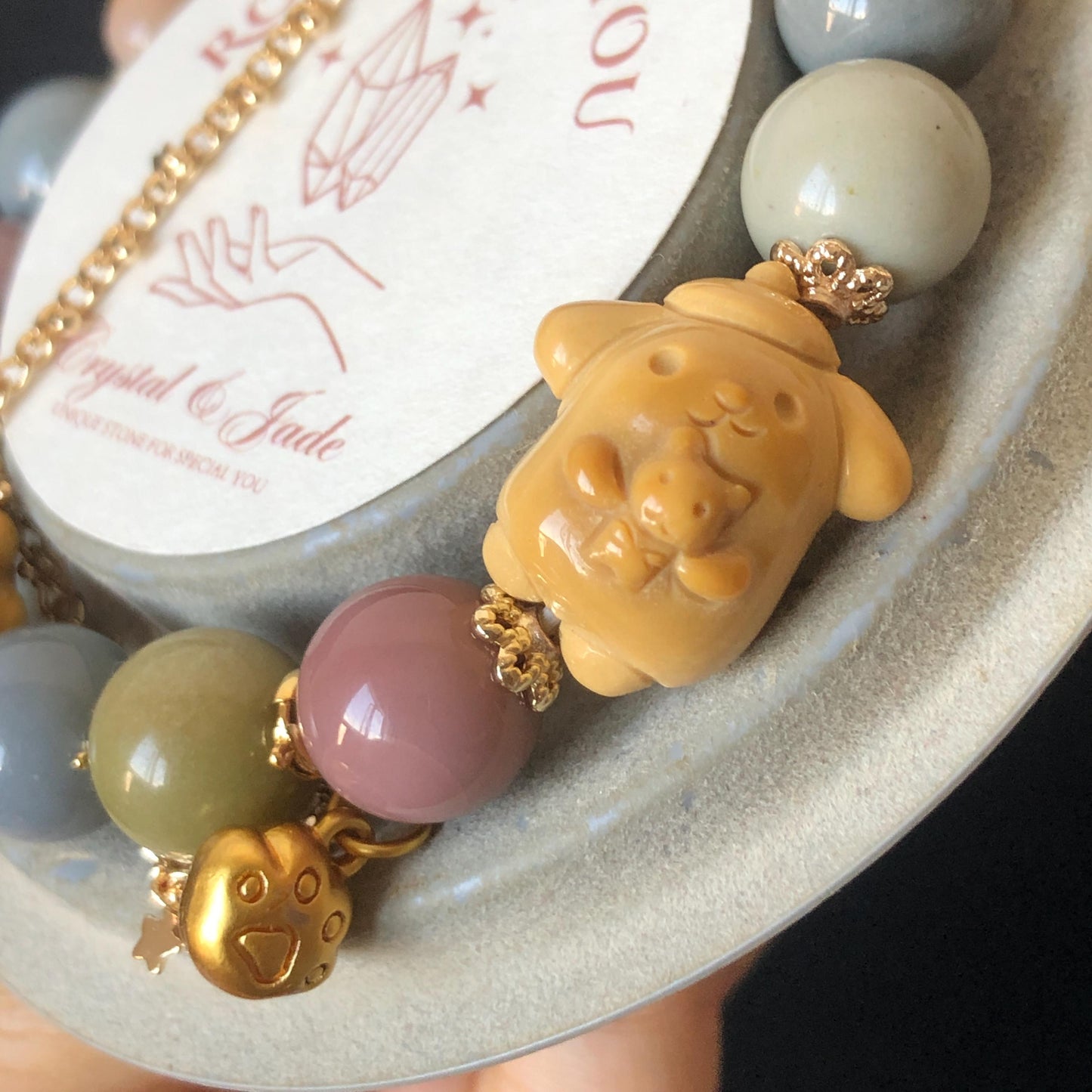 Alashan Agate Sanrio Pom Pom Purin with carved Dog Paw and Bone charm Bead Crystal Bracelet | Gemstone custom made | Removable Chain Dangler, macaroon rainbow colour, gold-plated accessories, crystal bead bracelet, dog paw charm, born charm, big bead